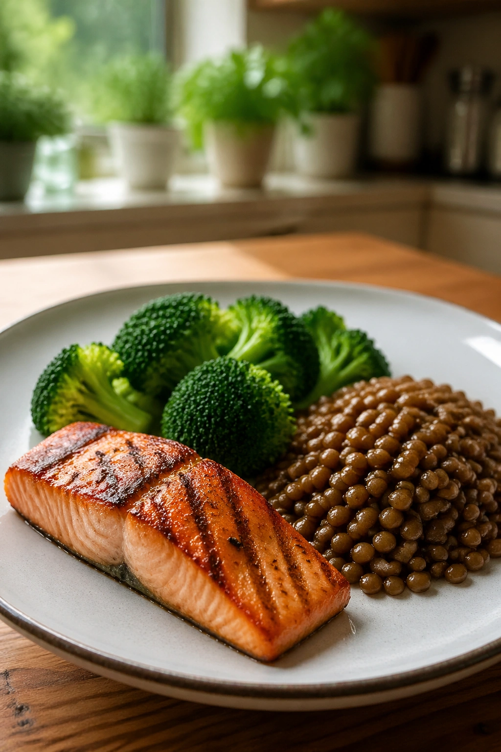 Plate with salmon, lentils, and broccoli on a wooden kitchen table, belly fat burning meal for women over 50.