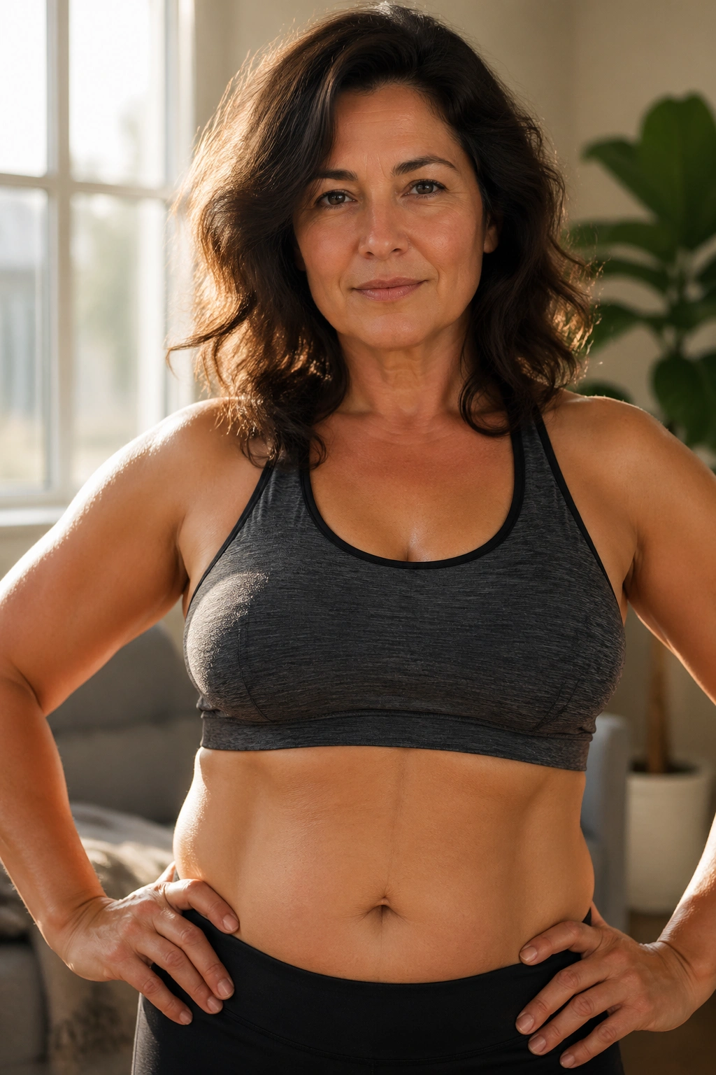 Close-up portrait of a real woman focusing on midsection to illustrate belly fat loss without spot reduction