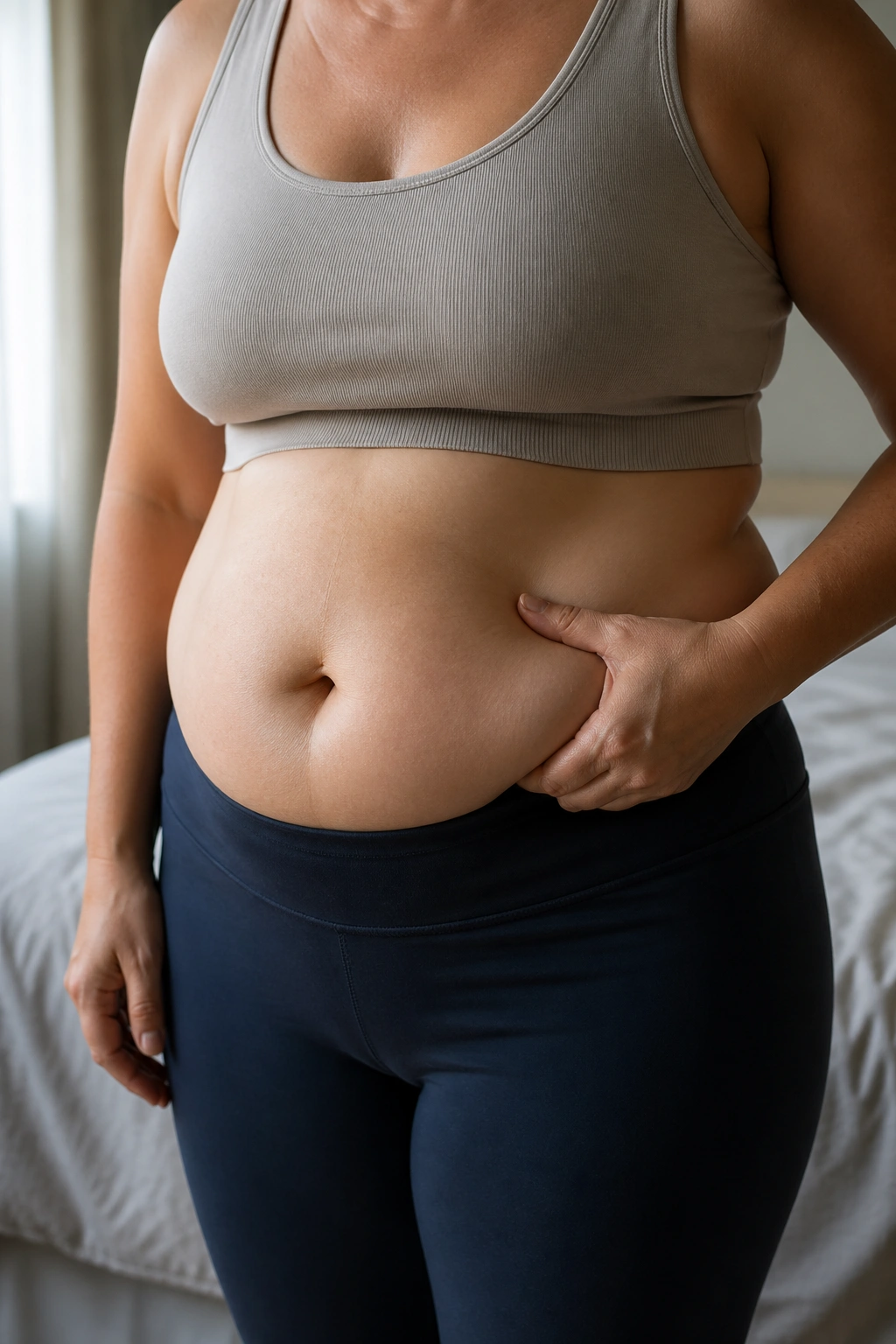 Close-up of a real person's midsection showing belly fat in a softly lit bedroom