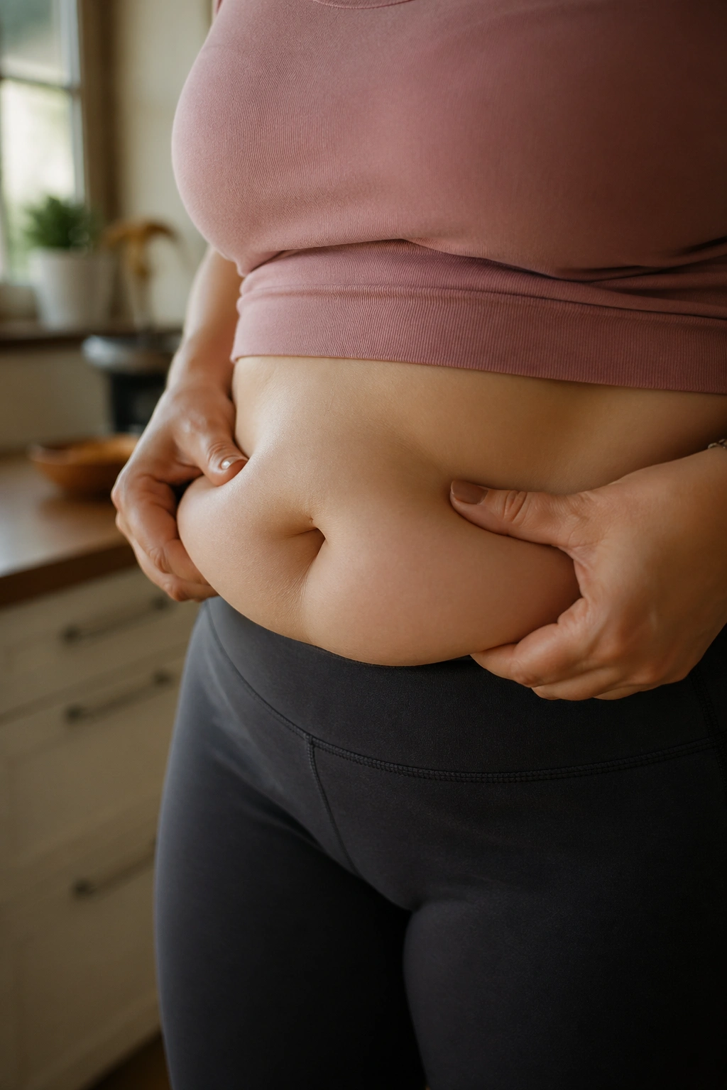 Close-up of a woman's midsection showing belly fat under a fitted top