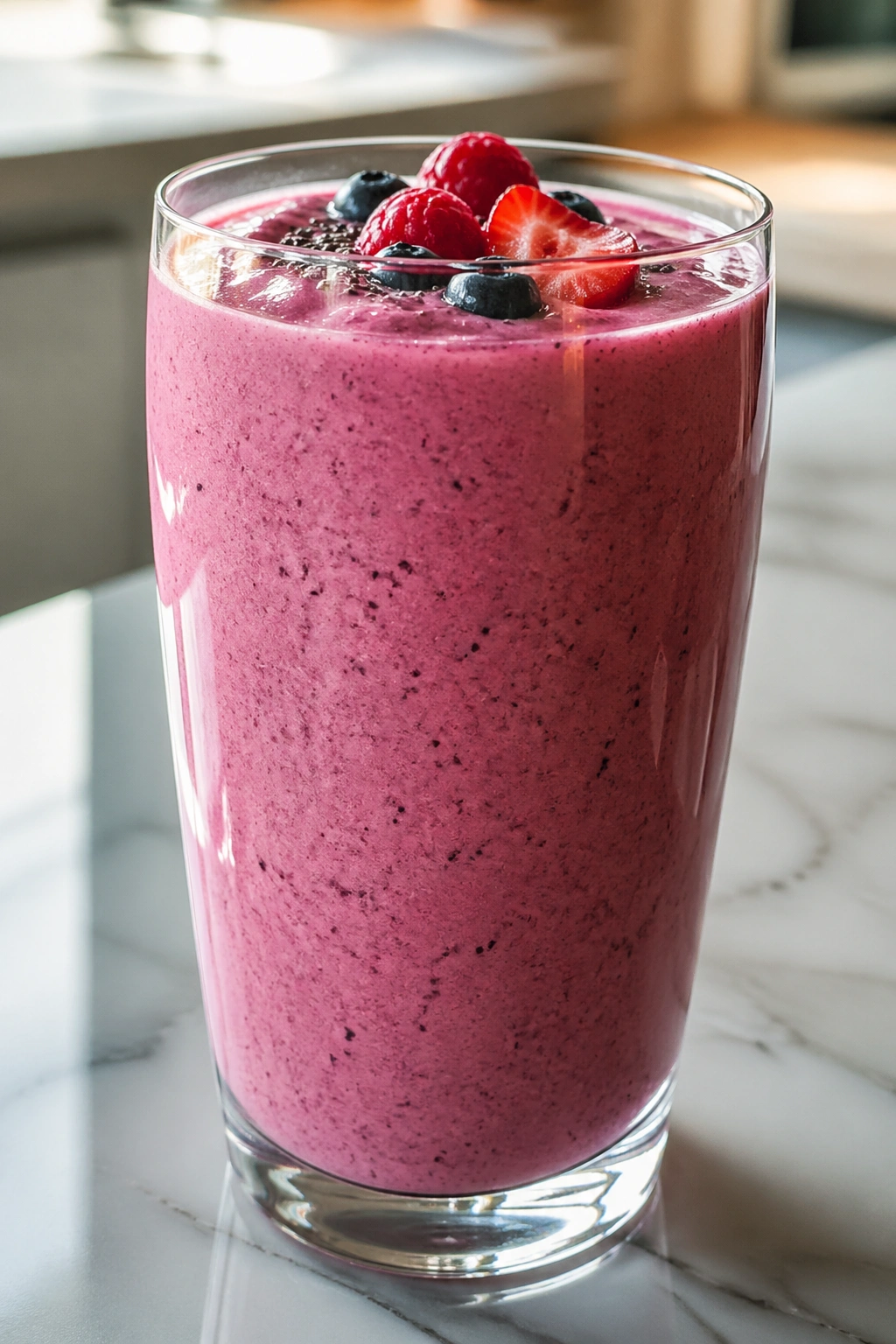 Glass of smoothie on a clean kitchen counter illustrating a formula-based belly fat loss approach