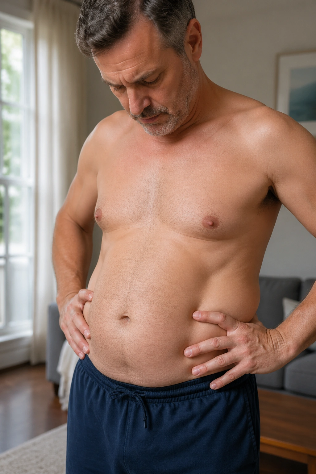 Portrait of a man over 40 in a home setting focusing on torso