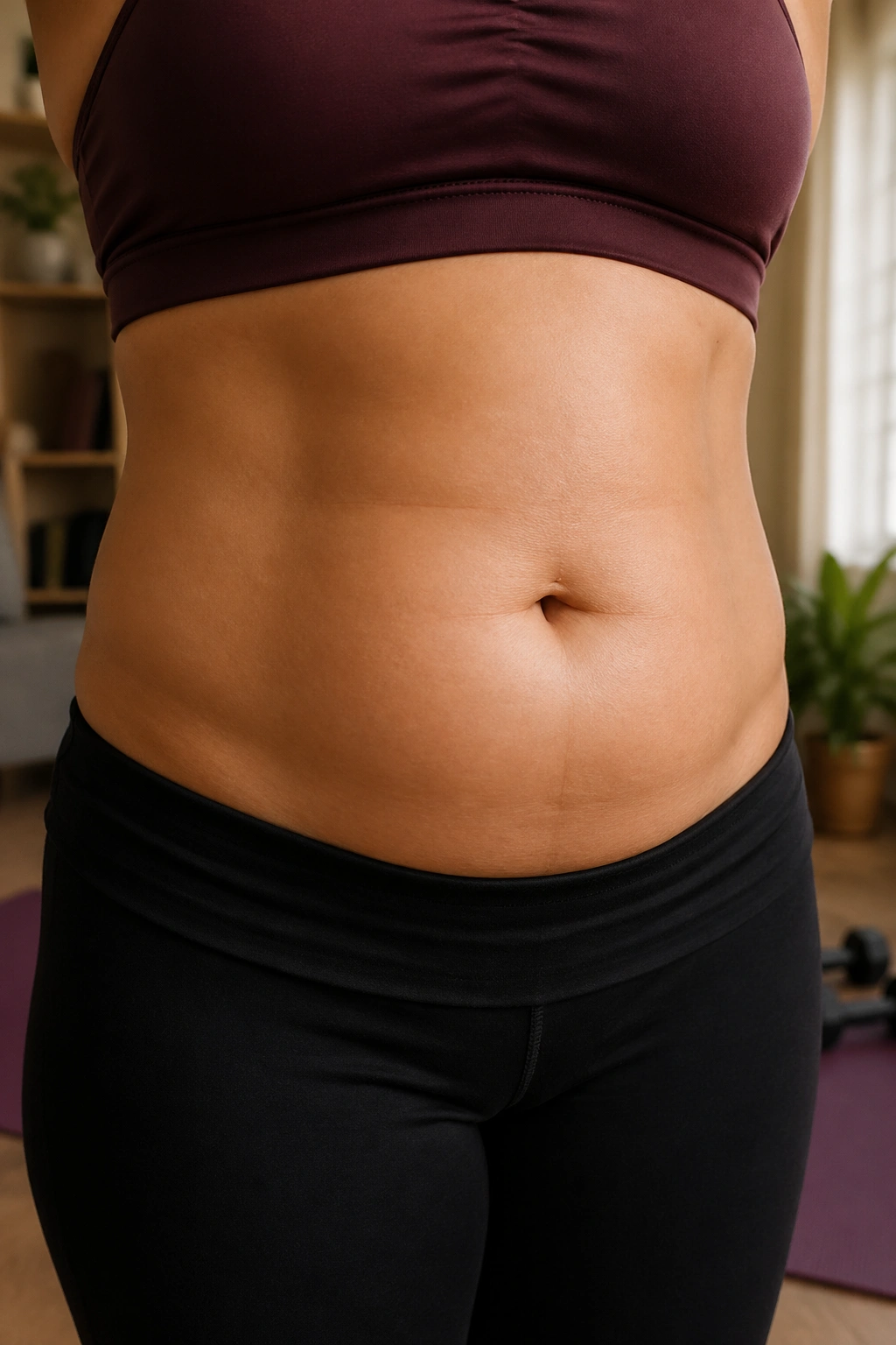 Close-up of a woman's midsection showing belly fat in a warm home workout setting