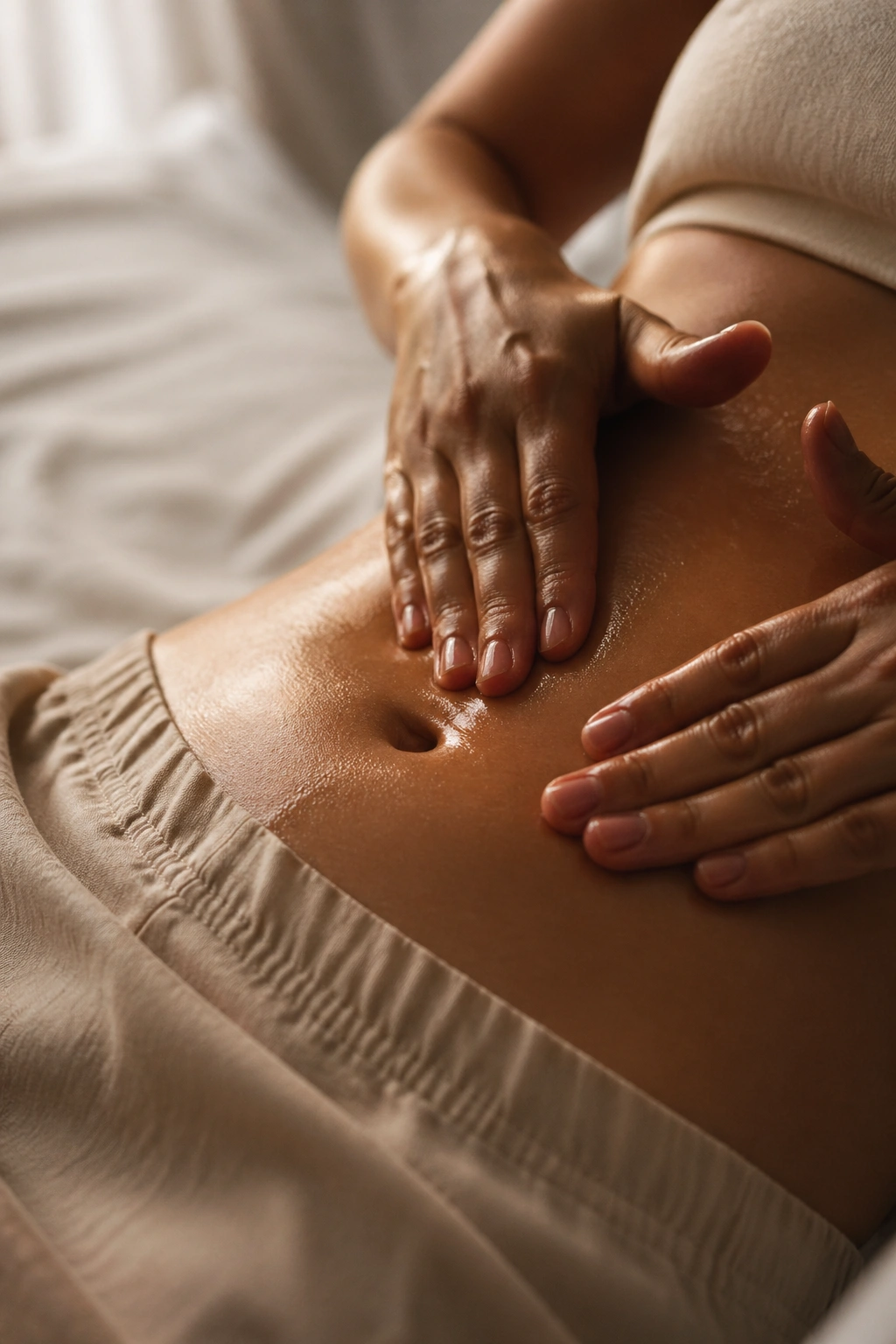 Close-up of hands massaging a belly with oil on a relaxed person in a softly lit bedroom