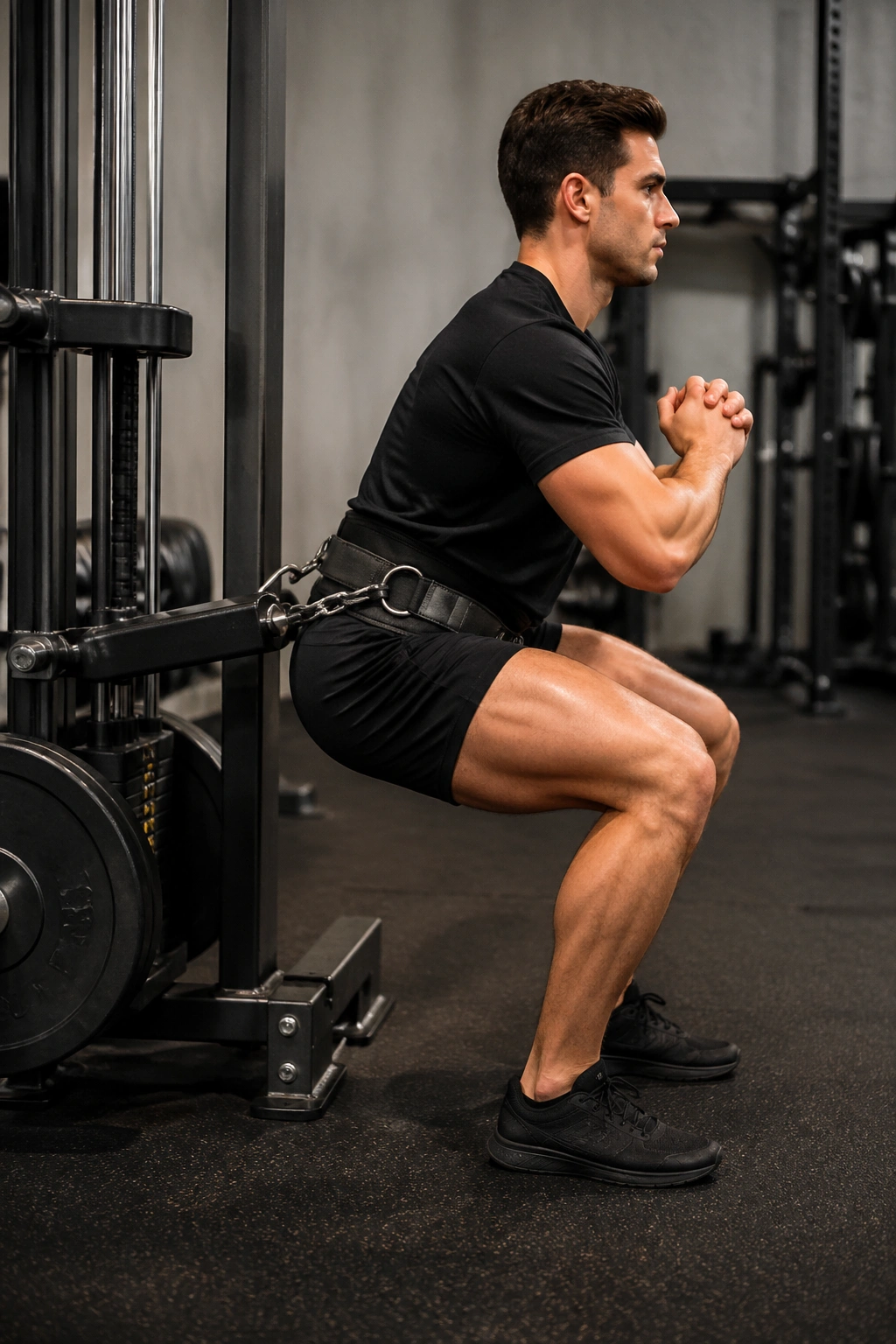 Lifter performing belt squat on a belt squat machine, hips loaded and back supported