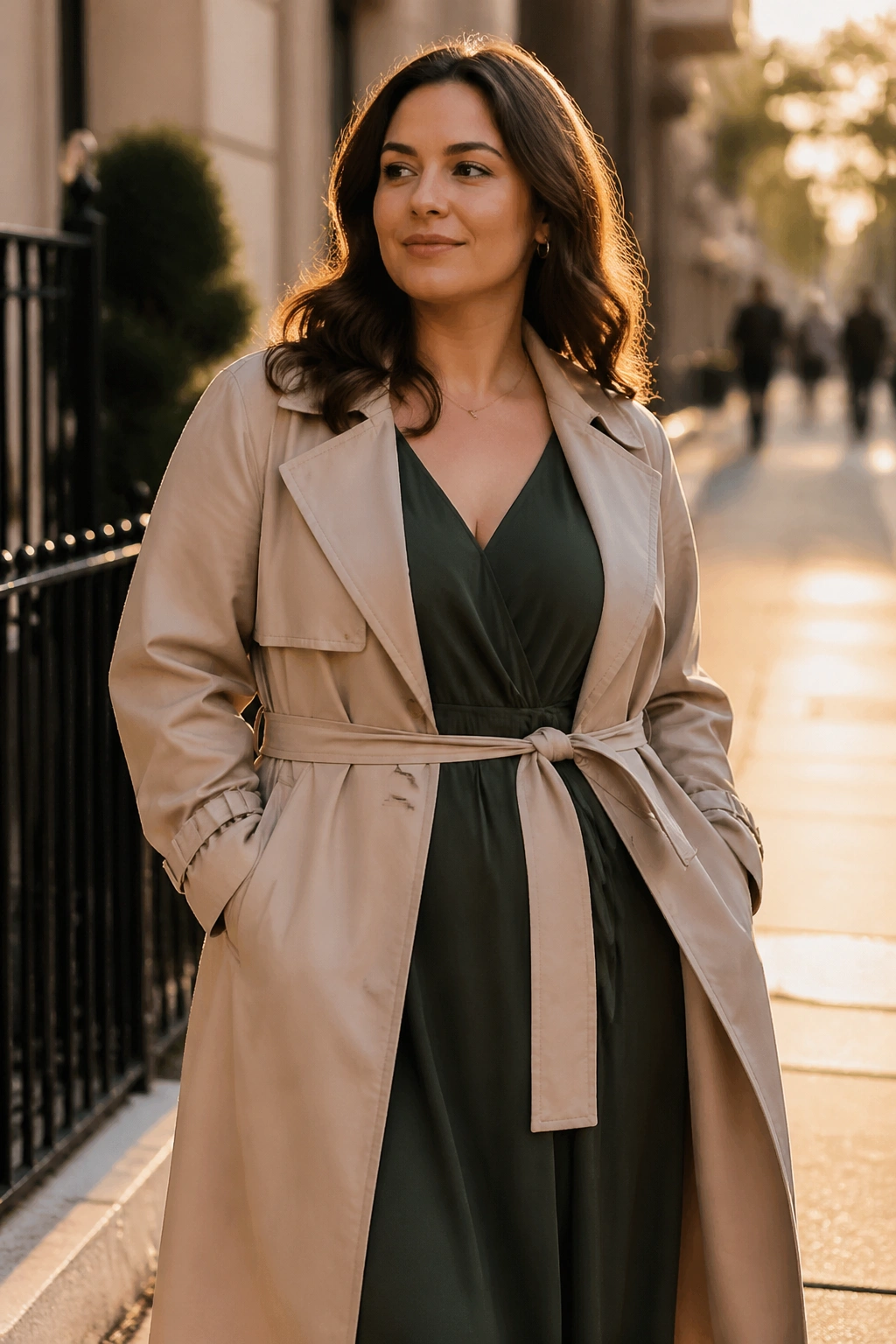 Real woman in belted trench over a midi dress on a city street at golden hour