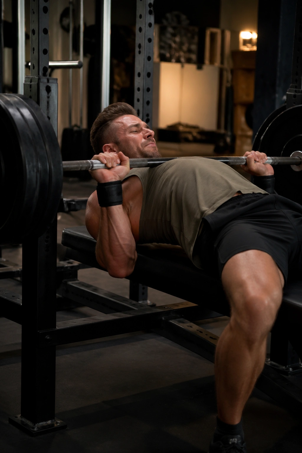 Lifter bench pressing with emphasis on setup and back stability