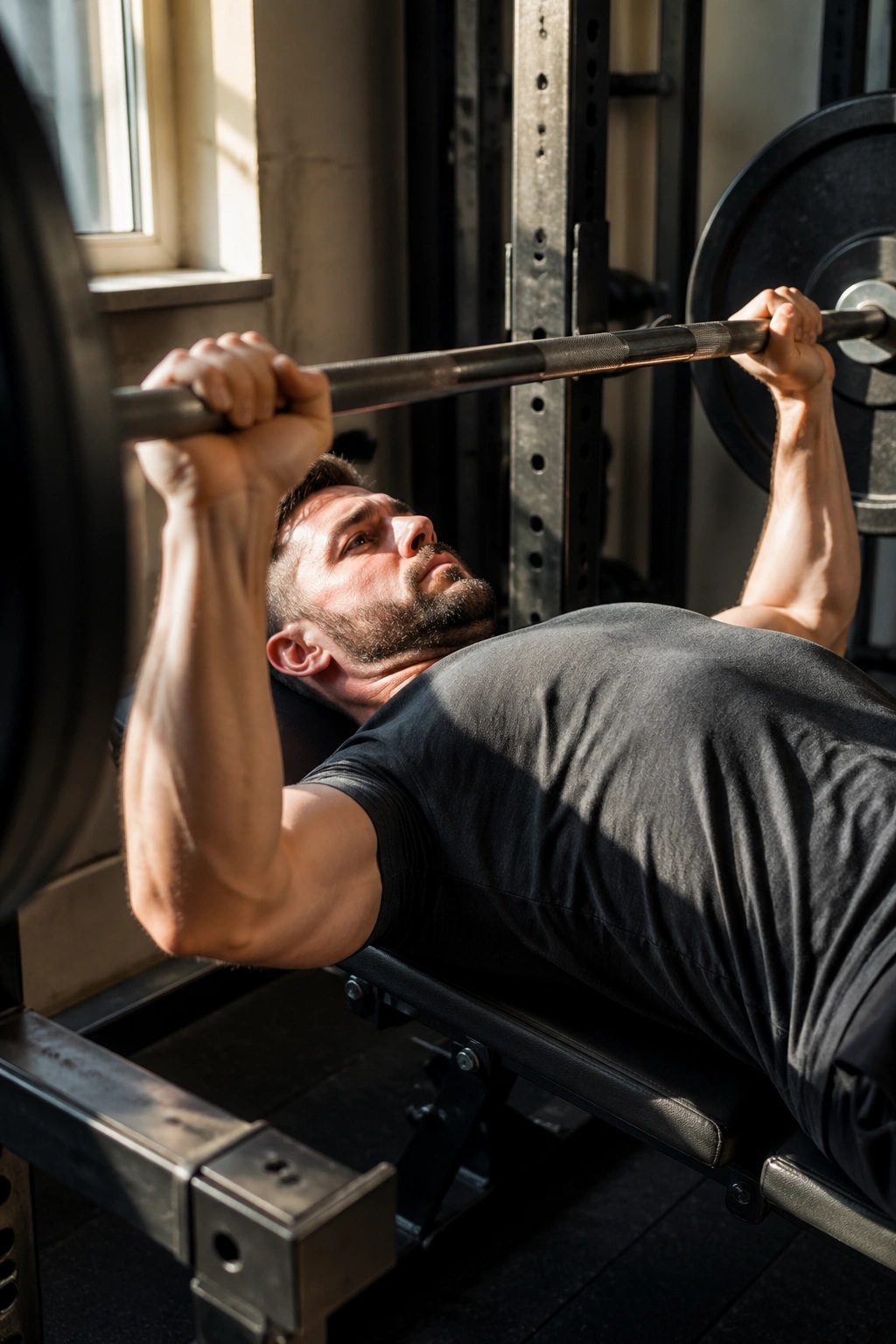 Lifter bench-pressing in a compact gym with warm light