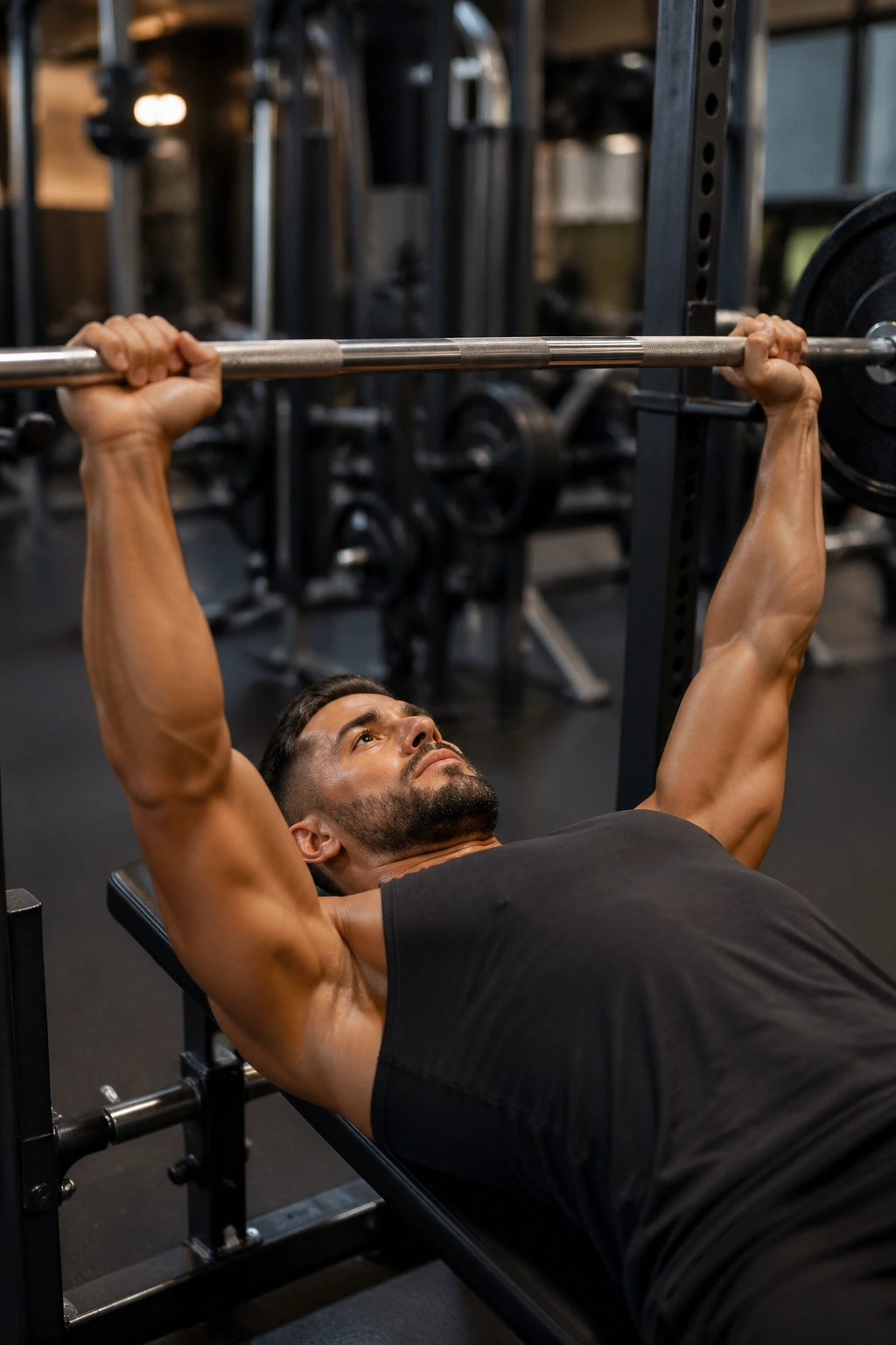 Person bench pressing with barbell in gym
