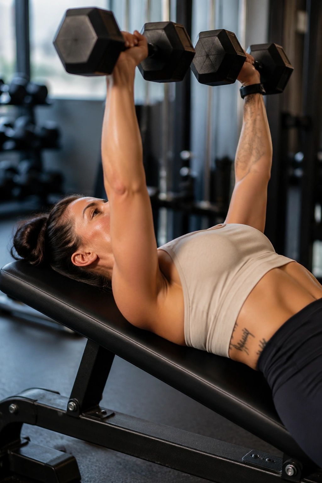 Woman performing a dumbbell bench press with braced core and stable hips