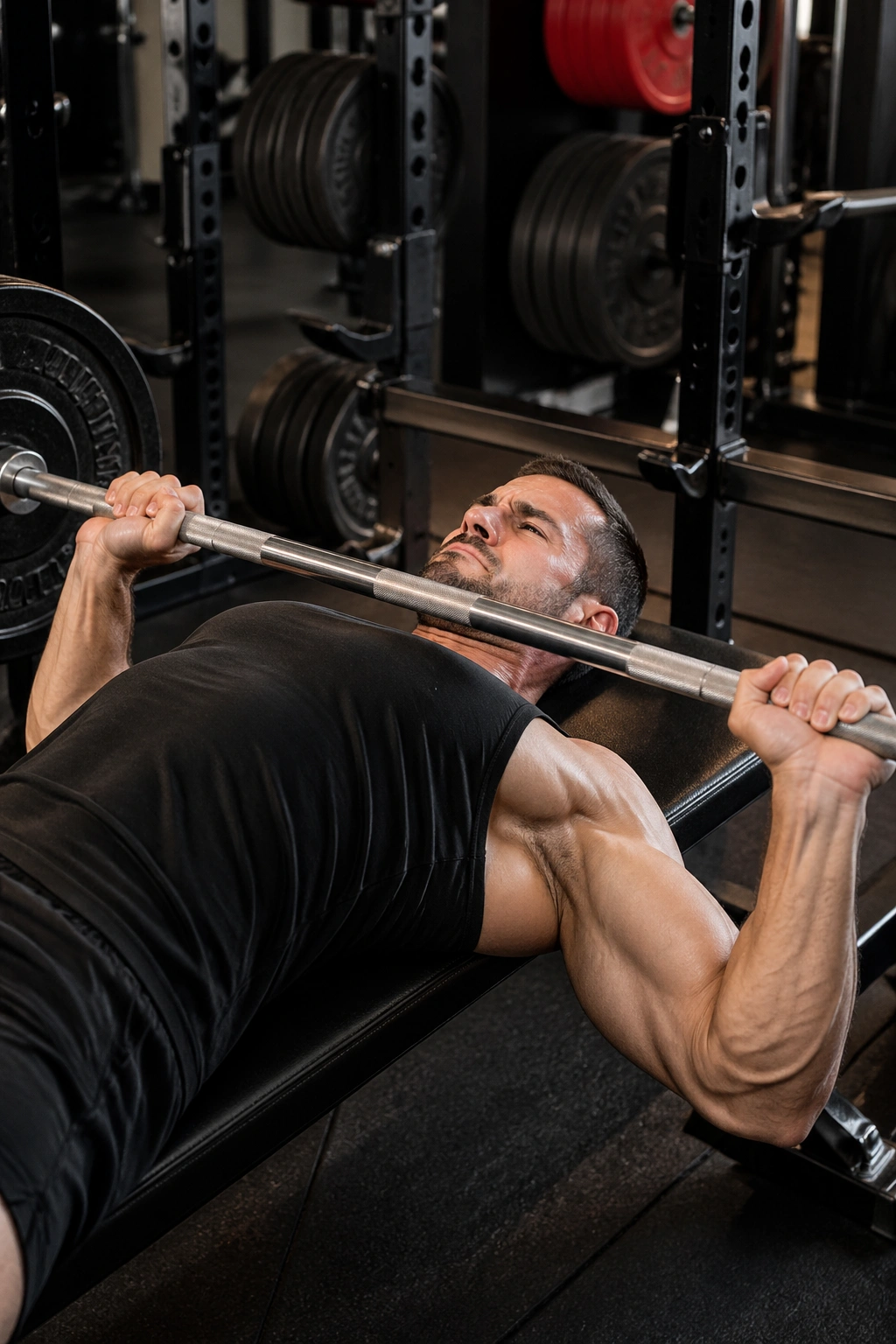 Athlete bench pressing heavy barbell in gym