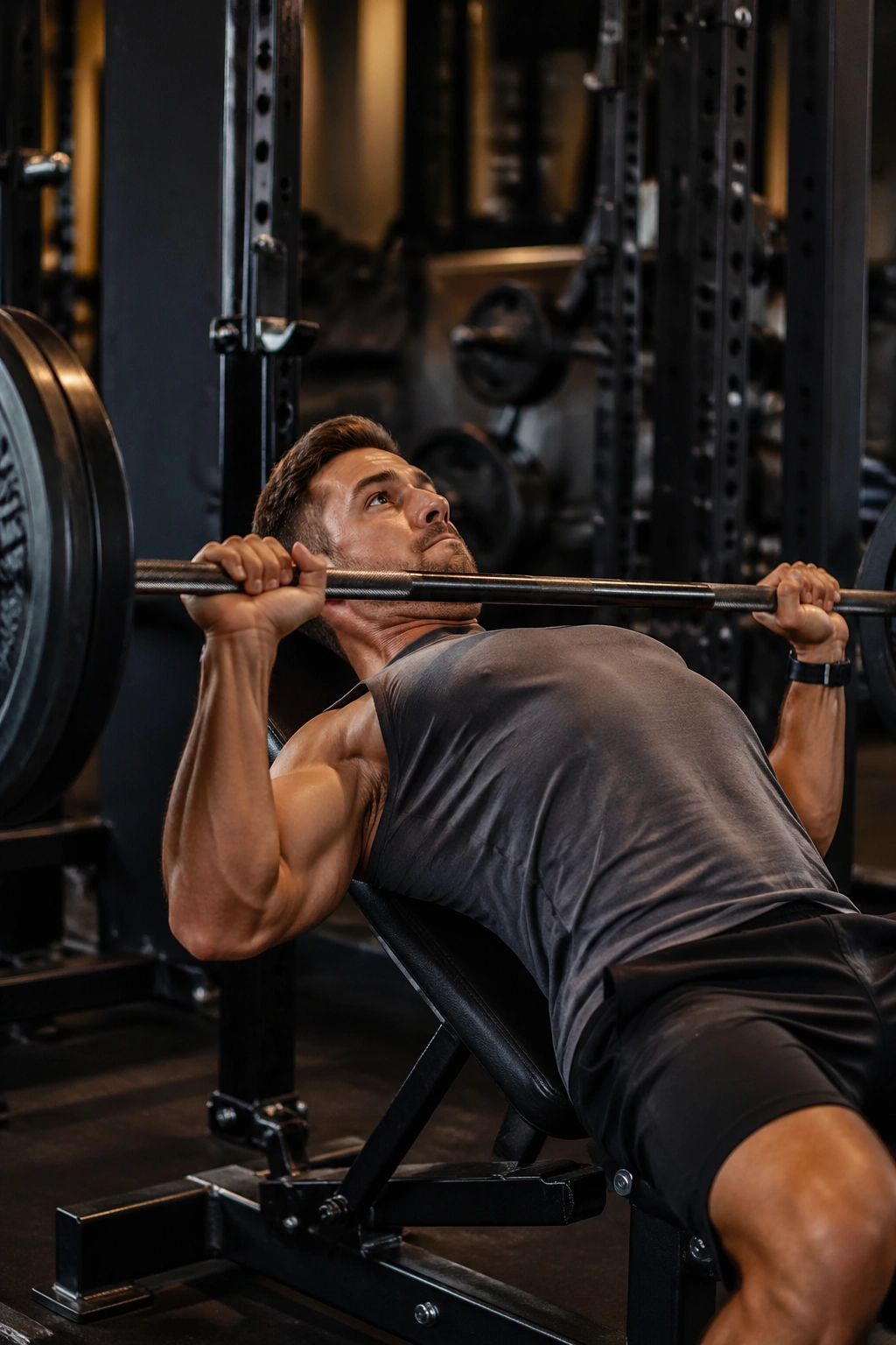 Lifter performing bench press top set in gym as part of upper/lower split.