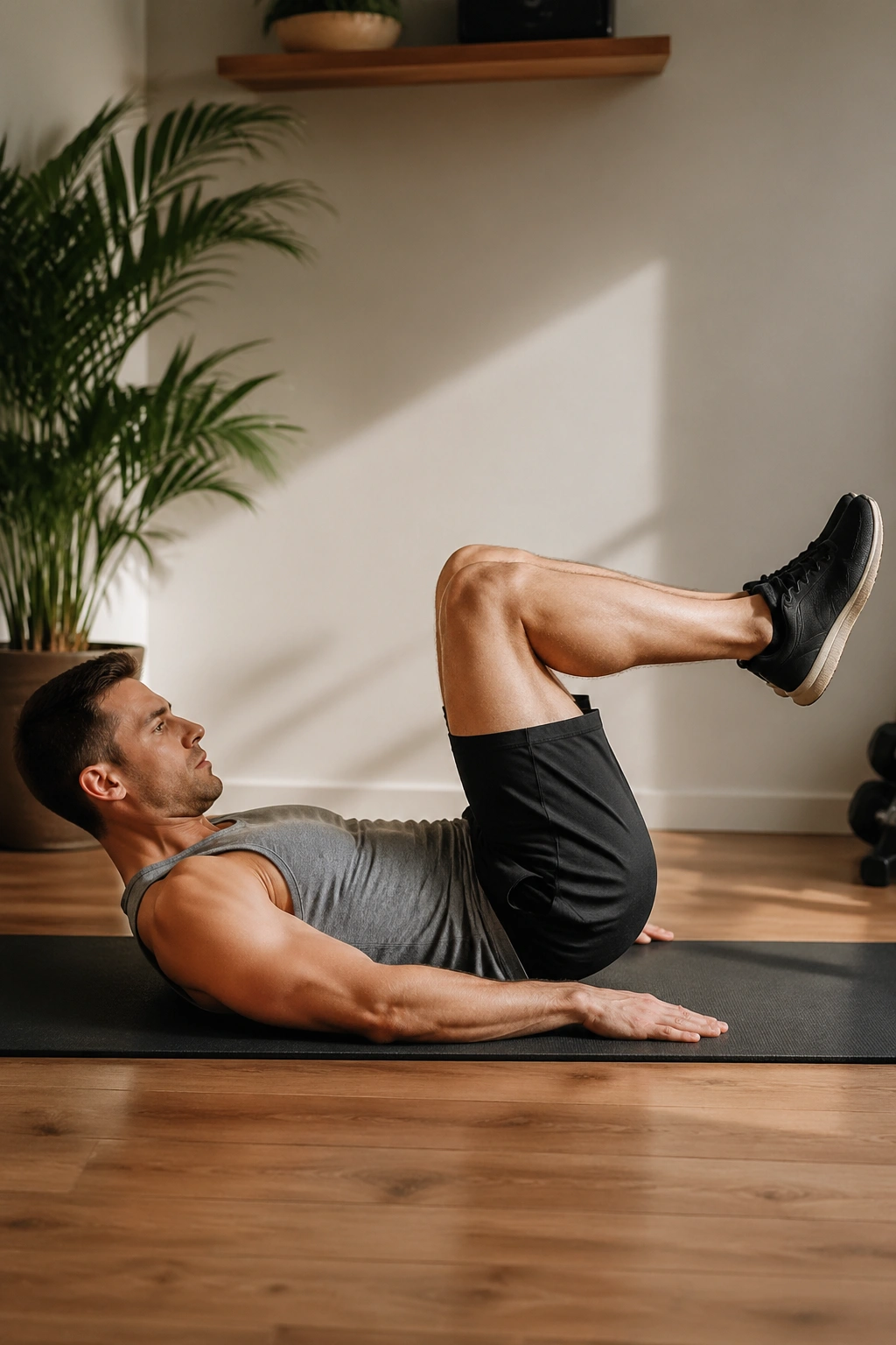Close-up of a person performing bent-knee floor leg raise on a mat to target lower abs