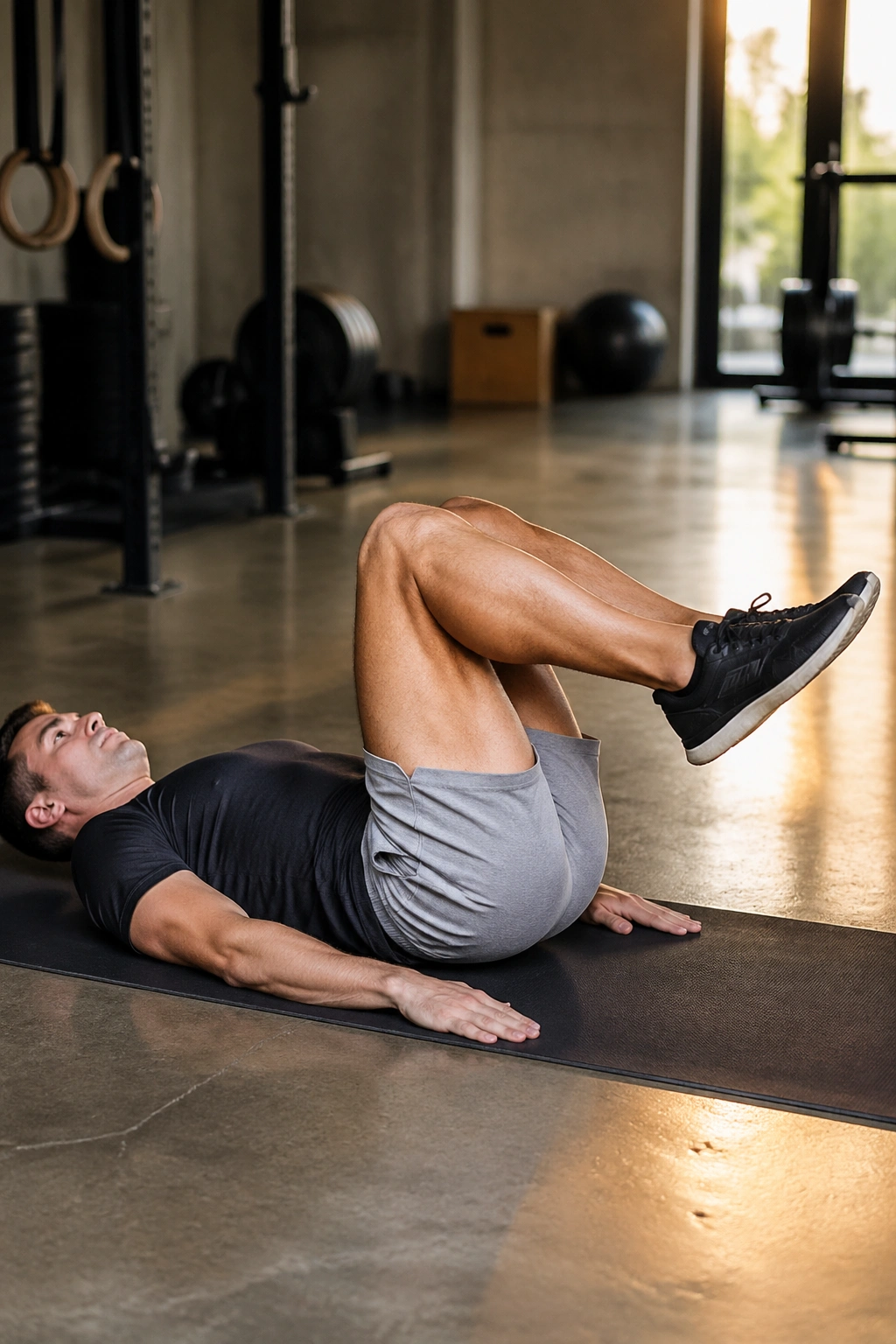 Close-up of a person performing bent-knee leg lowers on a mat