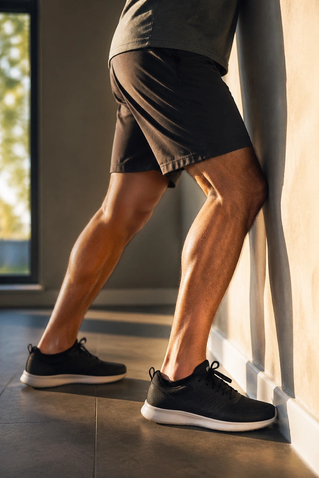 Bent-knee soleus stretch at wall focusing on lower calf