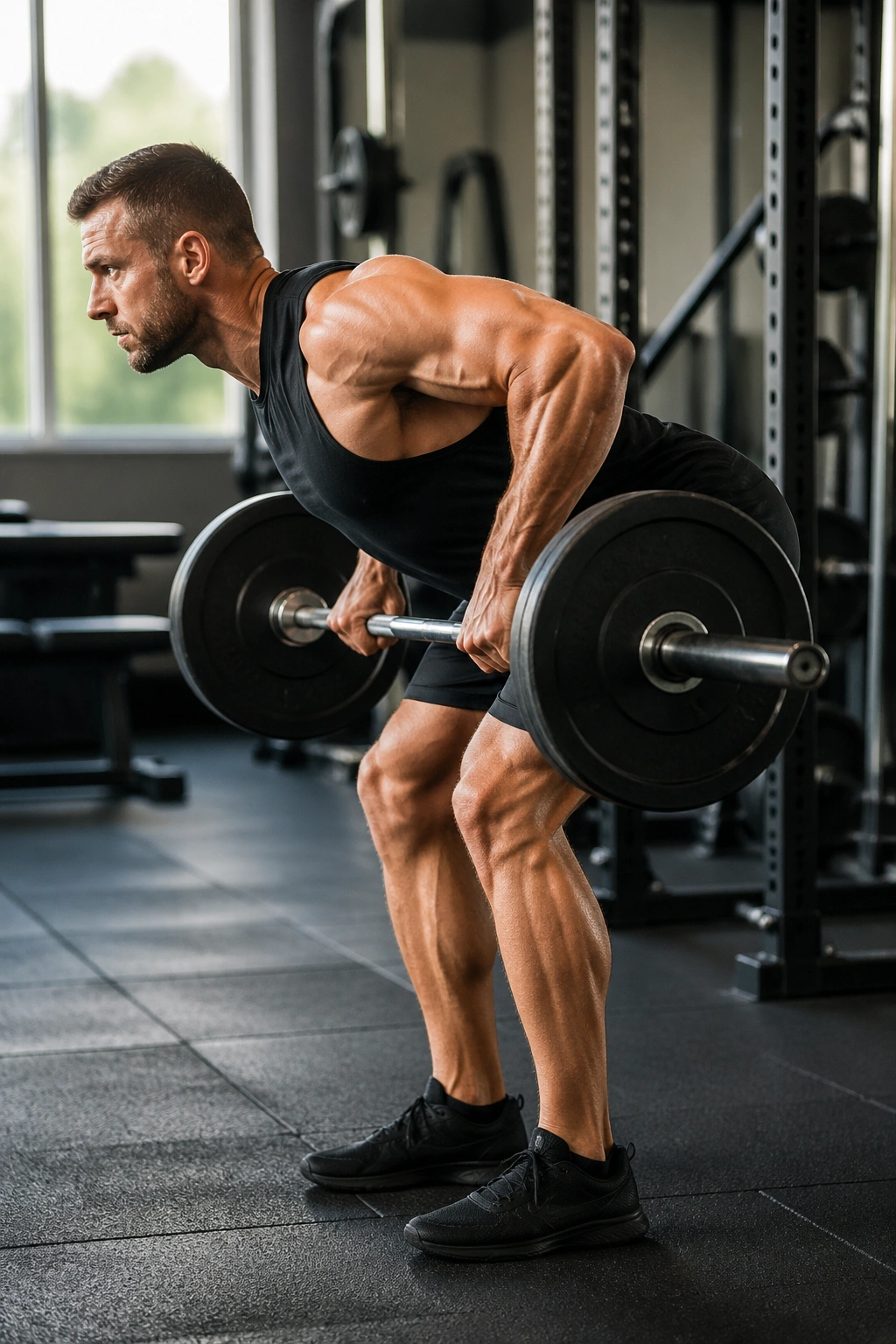 Bent-over barbell row showing tight back and bar path near shins