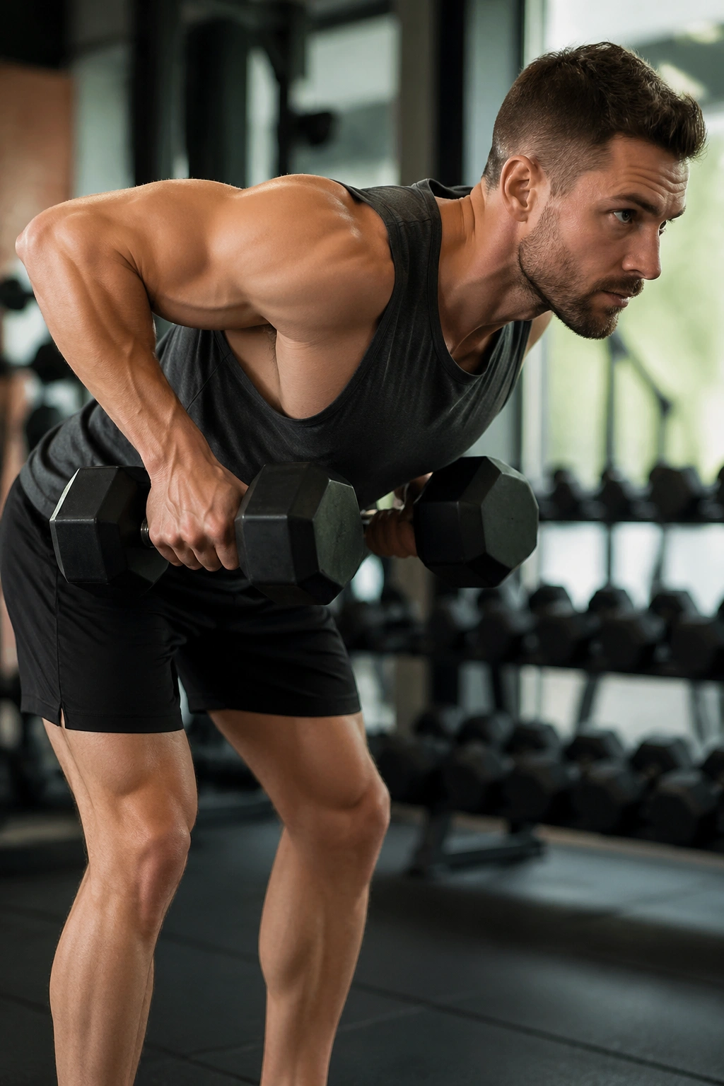 Close-up of bent-over dumbbell row performed by a fit athlete in a gym, back flat, elbows to ribs.