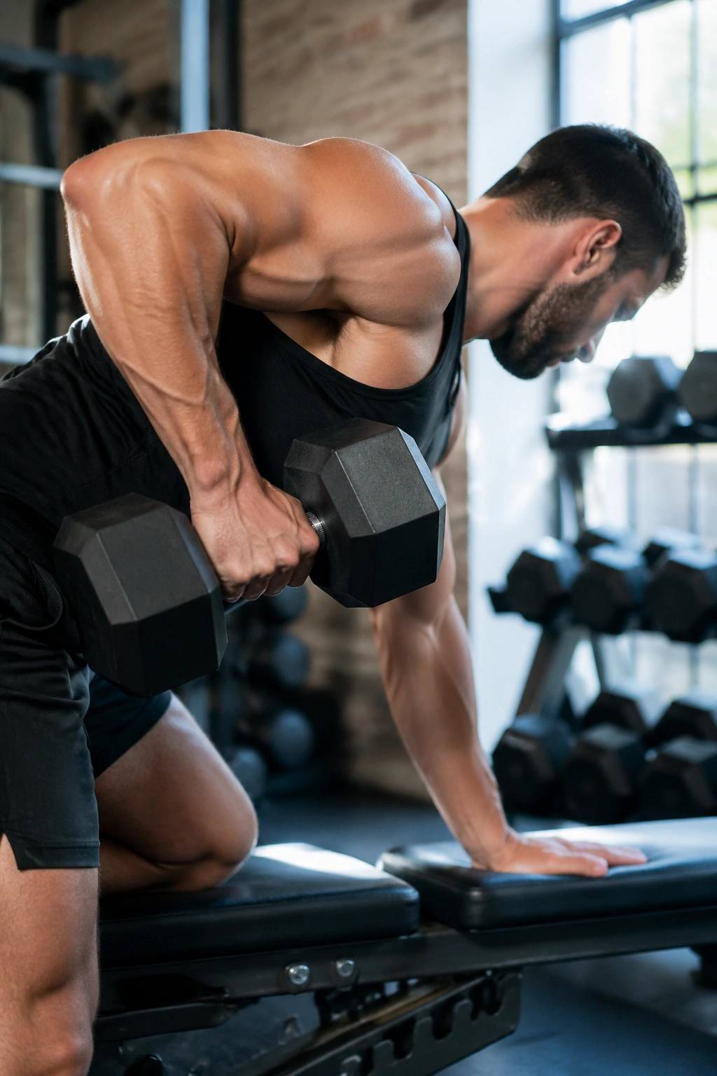 Close-up of a real person performing Bent-Over Dumbbell Row highlighting upper back engagement