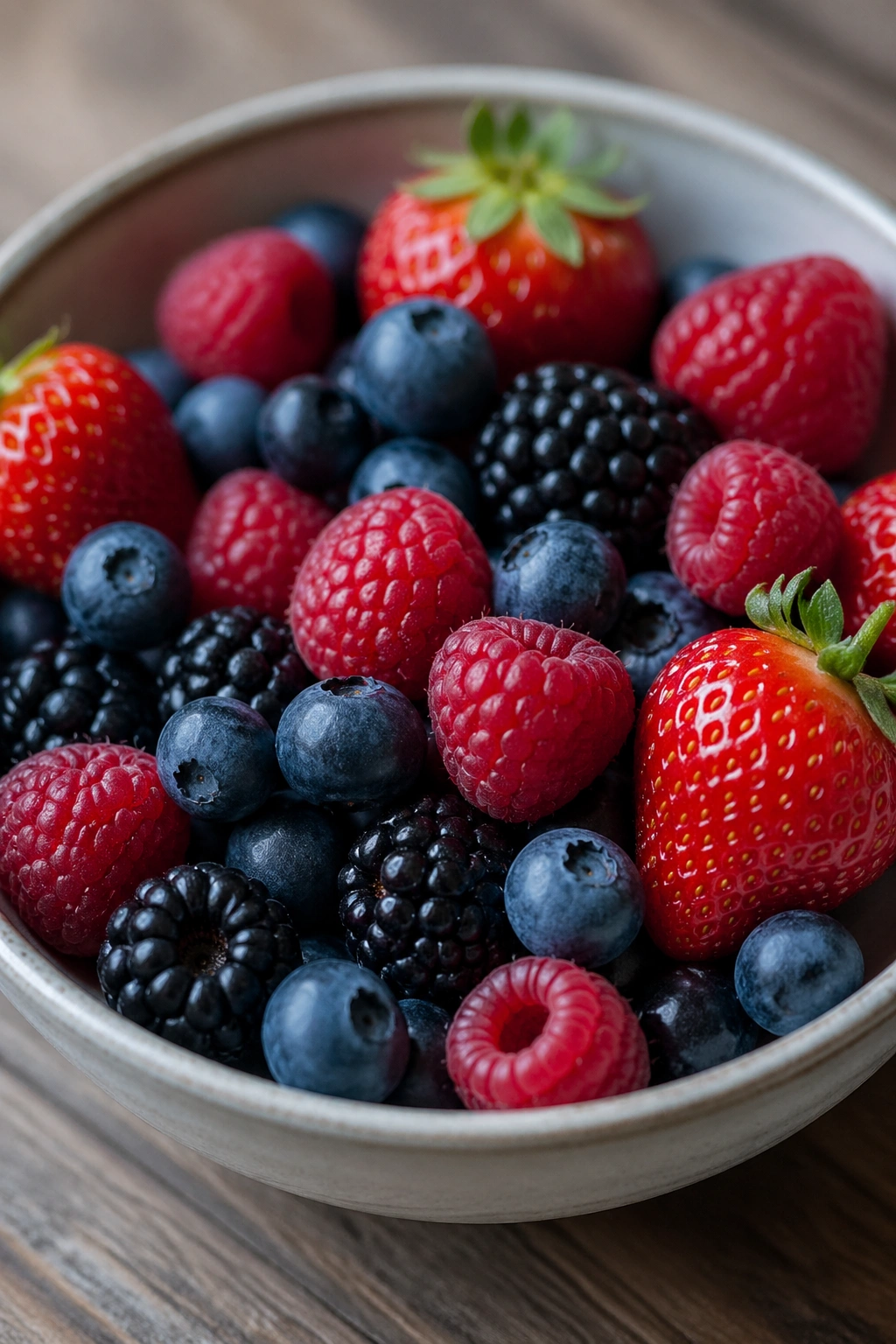 Close-up of a bowl of mixed berries on a wooden surface