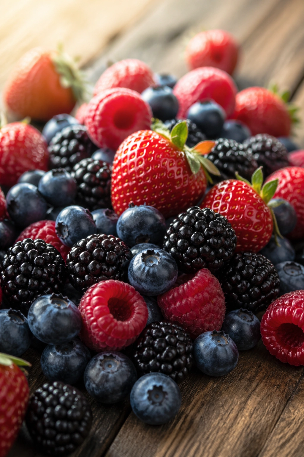Close-up of mixed berries on wooden table
