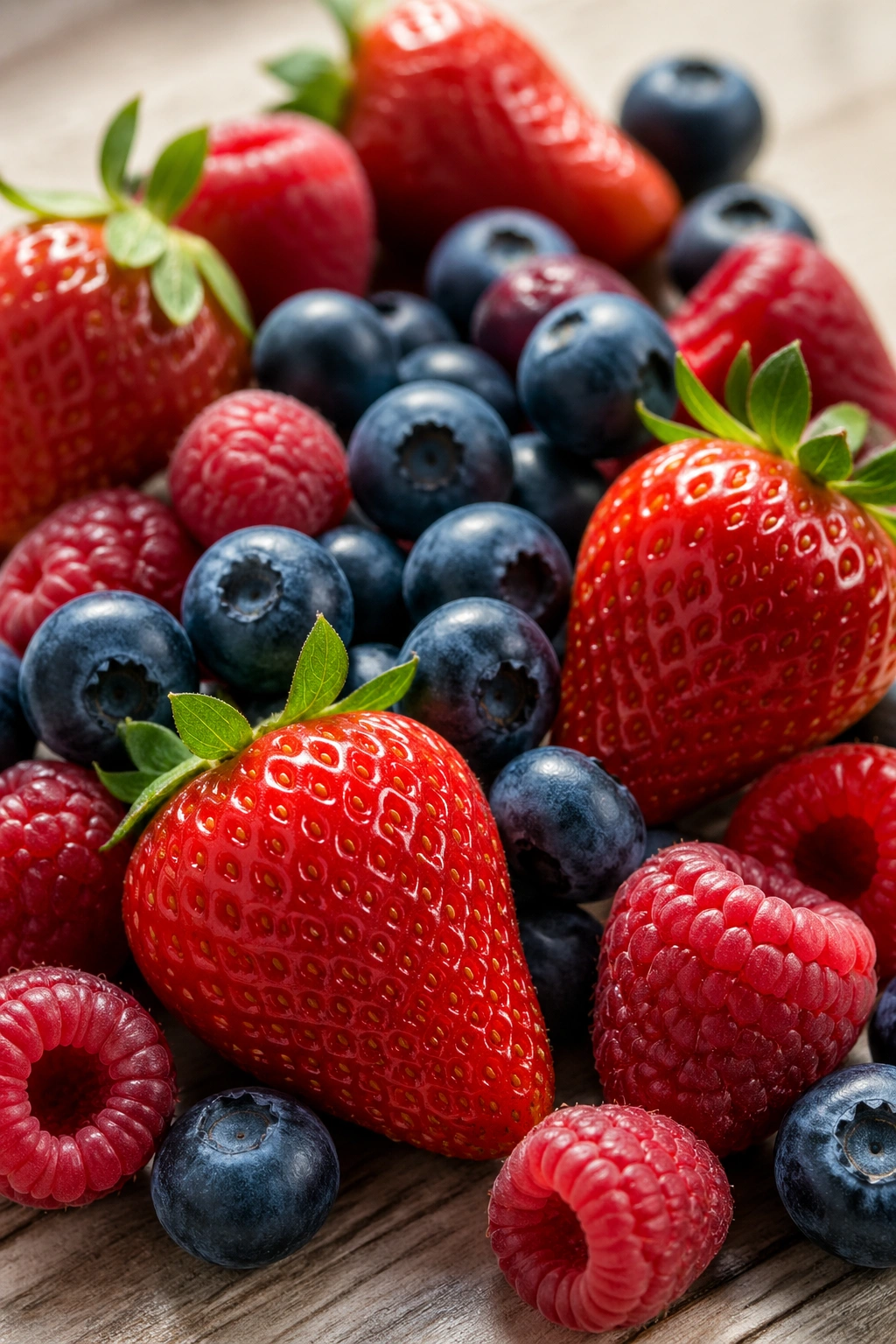 Close-up of mixed berries filling the frame on a light surface