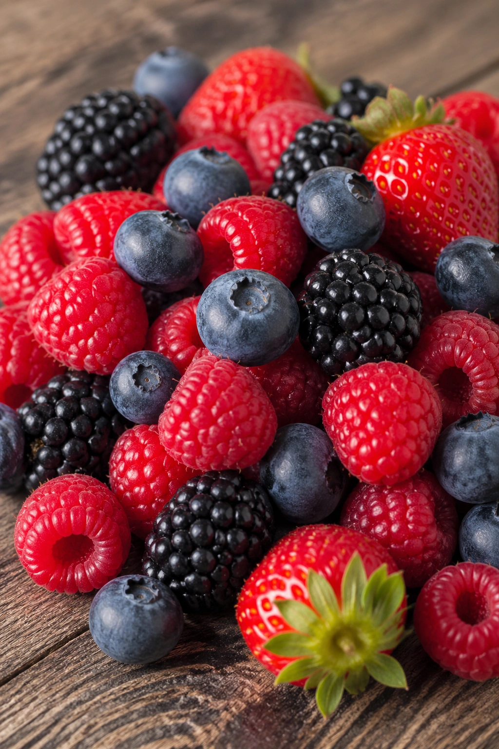 Close-up of mixed fresh berries on wooden surface