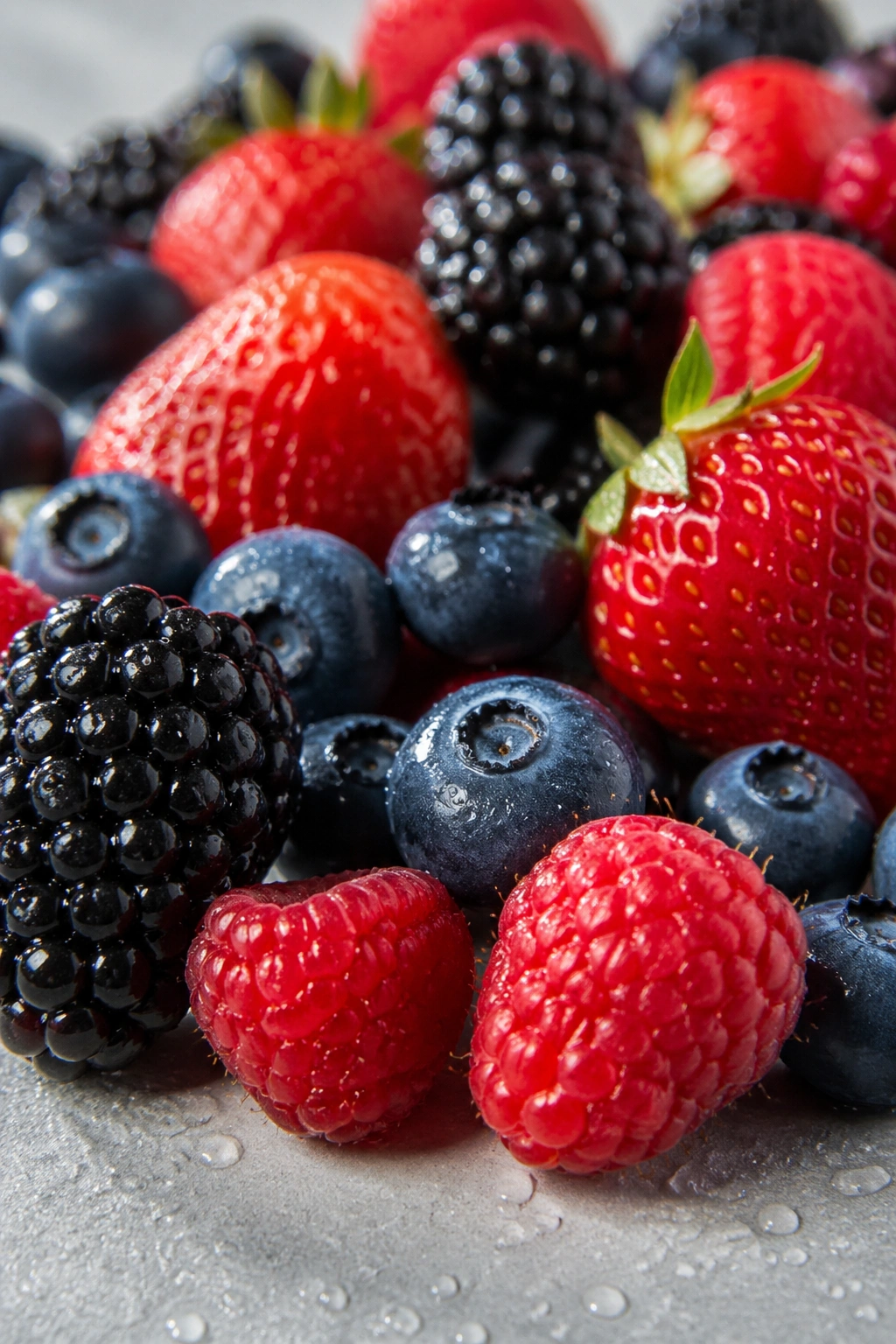 Macro close-up of mixed fresh berries on a neutral surface