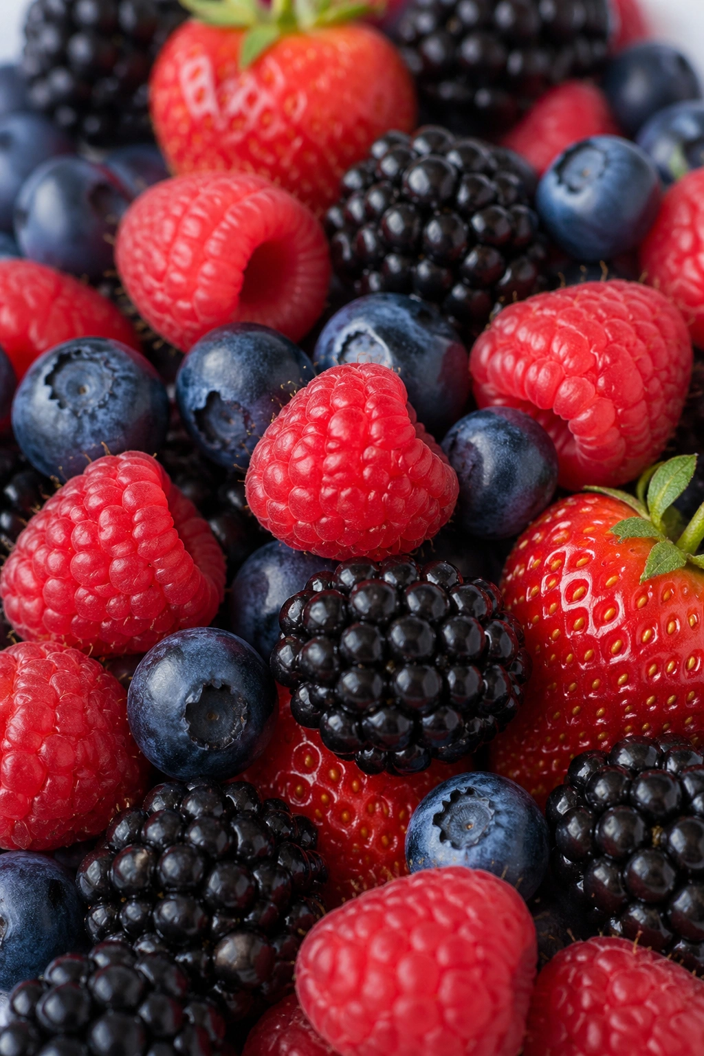 Close-up of mixed berries in bright natural light.