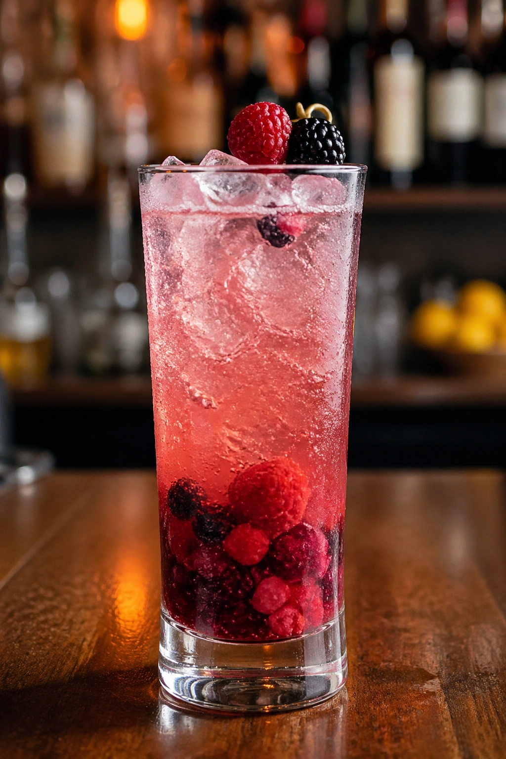 Sparkling berry ACV spritz in a pink drink with berries