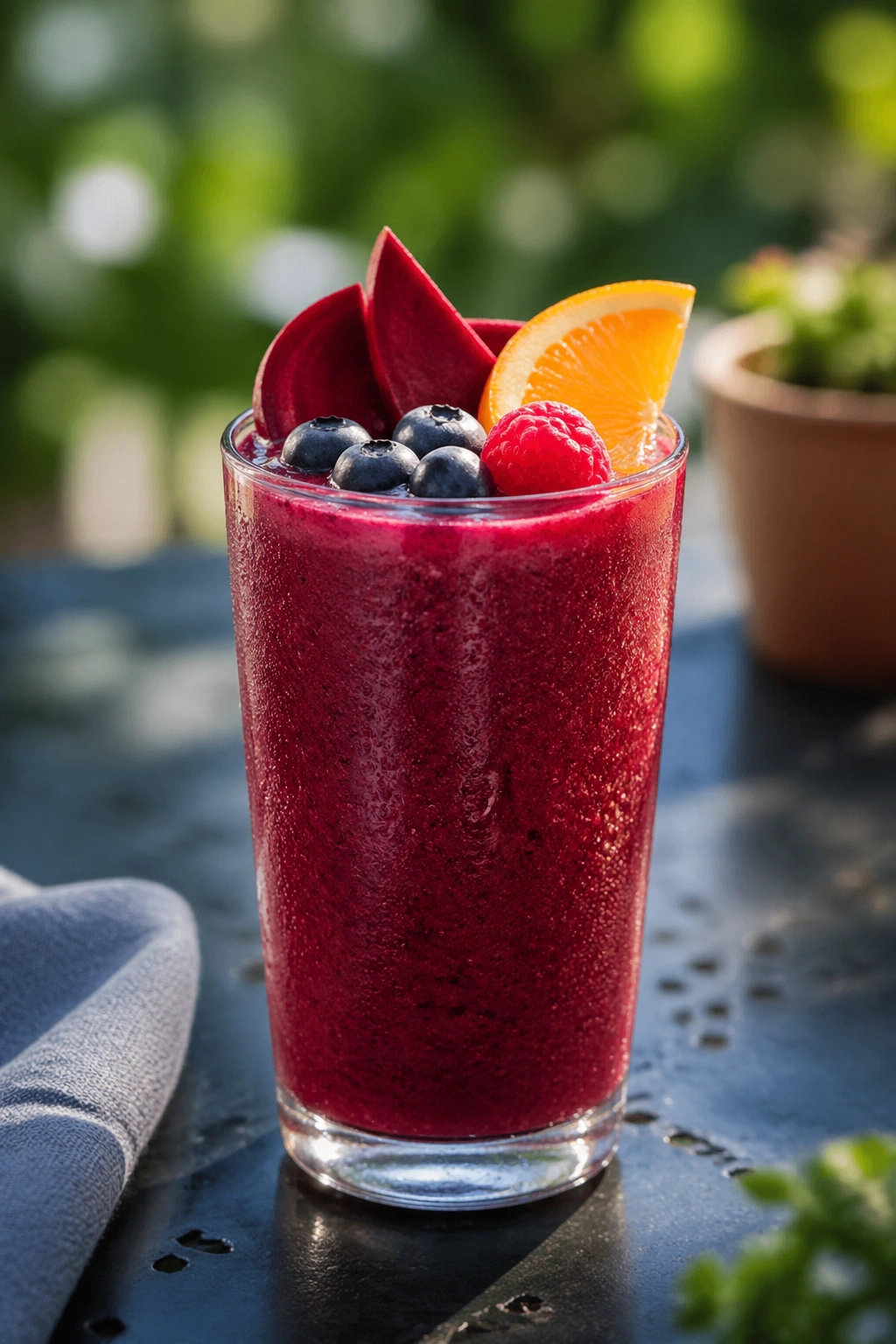 Vivid magenta berry beet smoothie in glass on sunny outdoor table