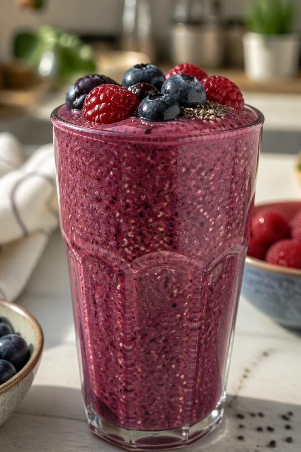 Berry chia smoothie in glass with thick purple-red texture on bright kitchen counter