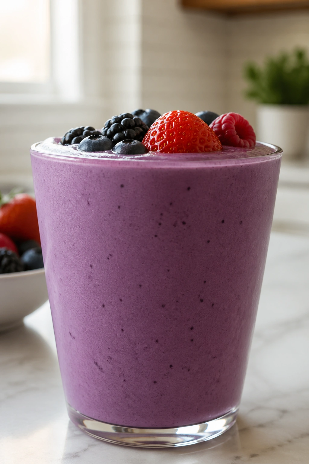 Purple berry Greek yogurt smoothie in a glass