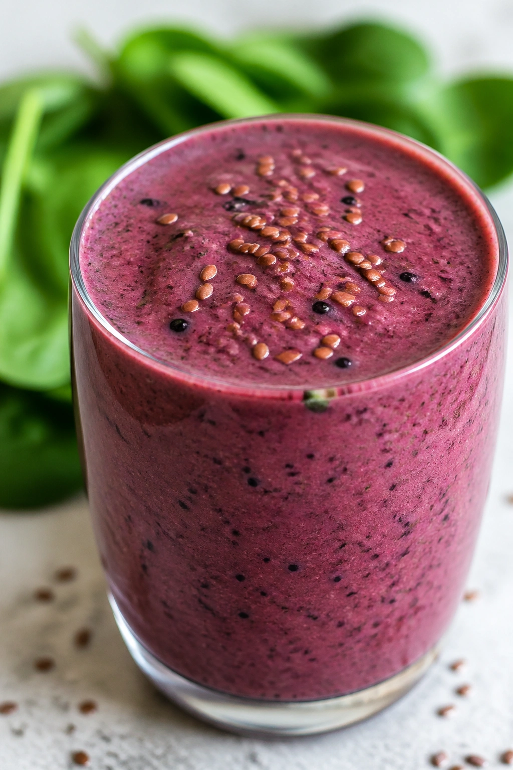 Thick berry kefir smoothie with flax and spinach in a glass