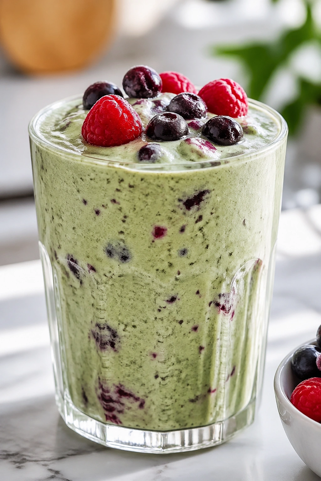 Berry protein matcha shake in a glass on kitchen counter