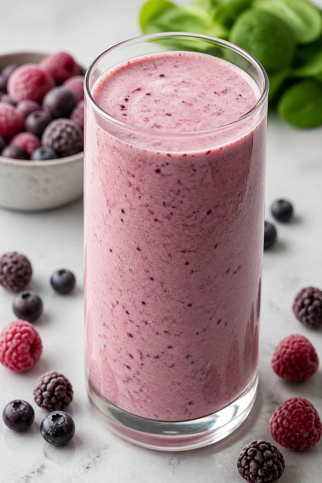 Berry protein smoothie in a glass with berries nearby