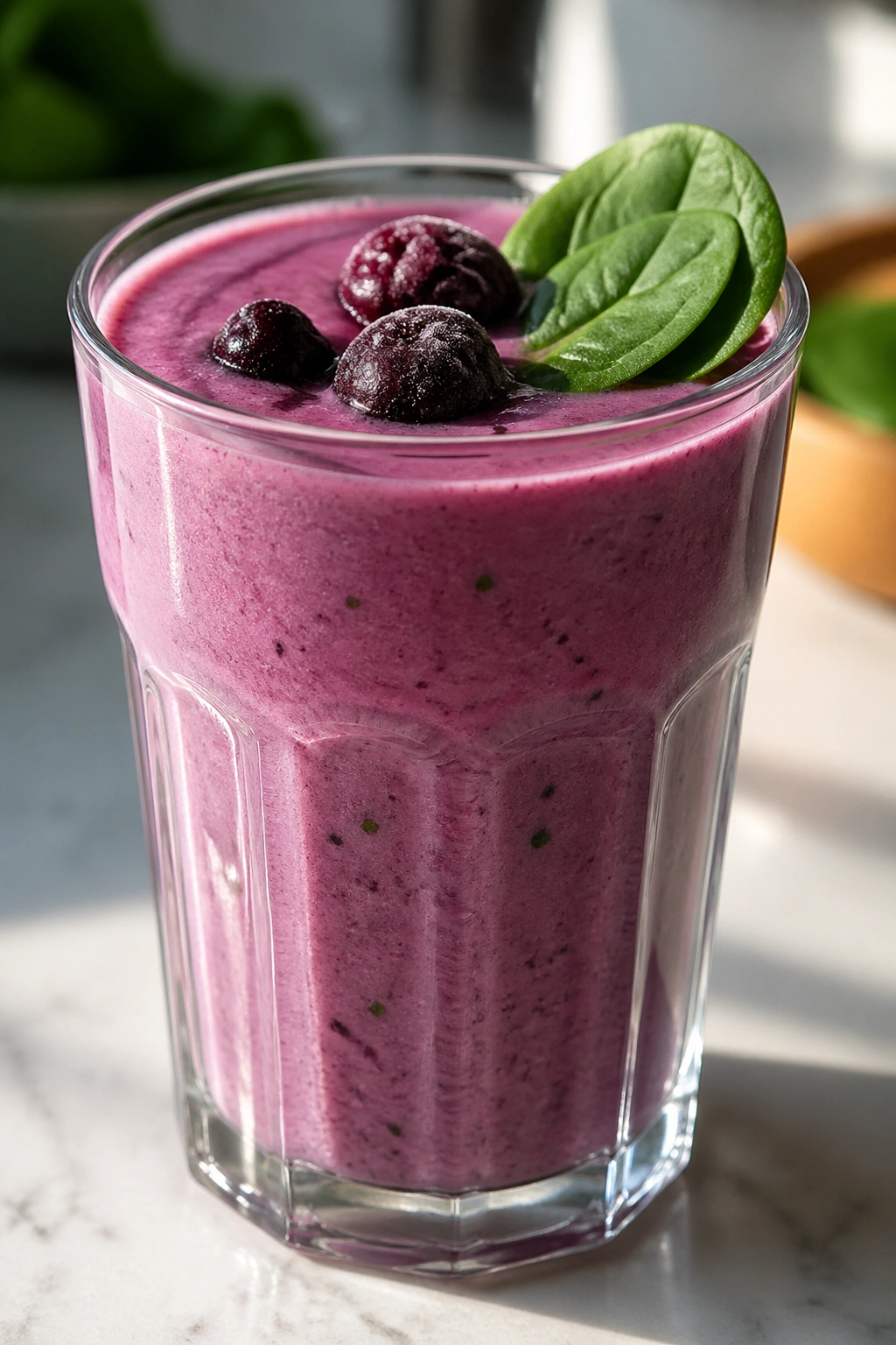 Berry spinach protein smoothie in a glass