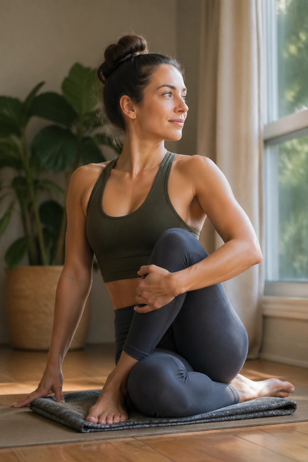 Close-up of a real person in Bharadvajasana showing grounded pelvis and torso rotation