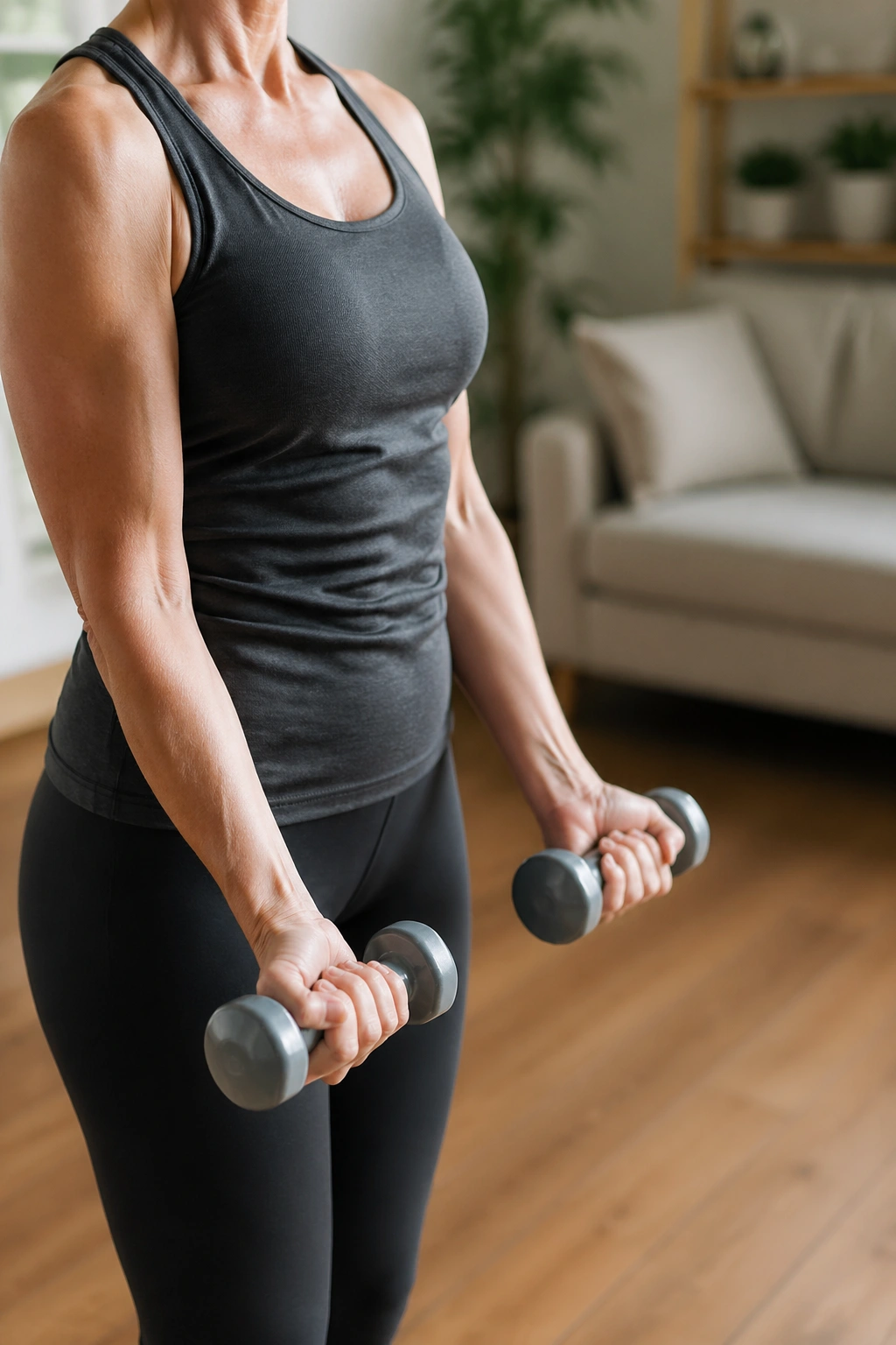 Close-up of forearms performing a light dumbbell biceps curl ending with a stretch in a cozy home gym