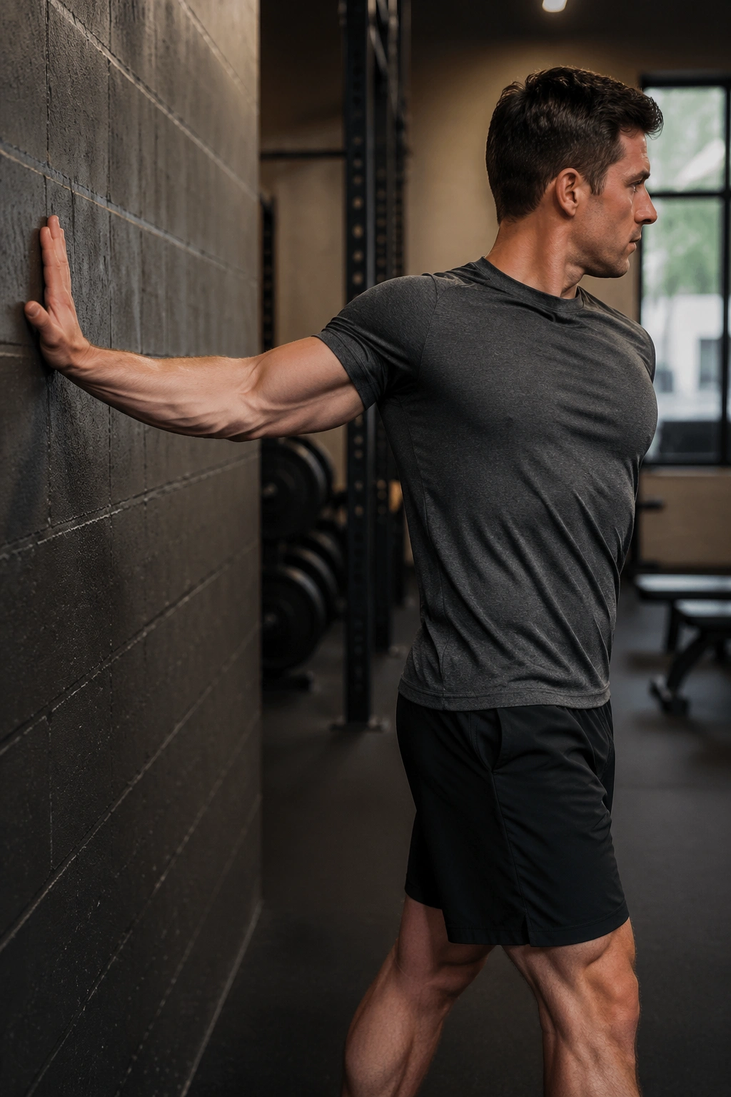 Side-profile of a person performing Biceps Wall Stretch by a wall.