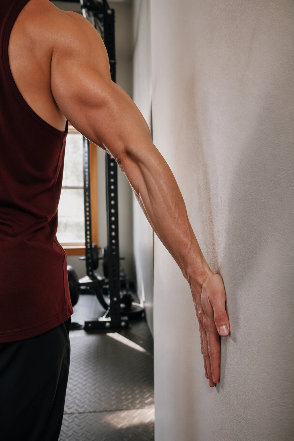 Close-up of biceps wall stretch showing front of upper arm opening against the wall