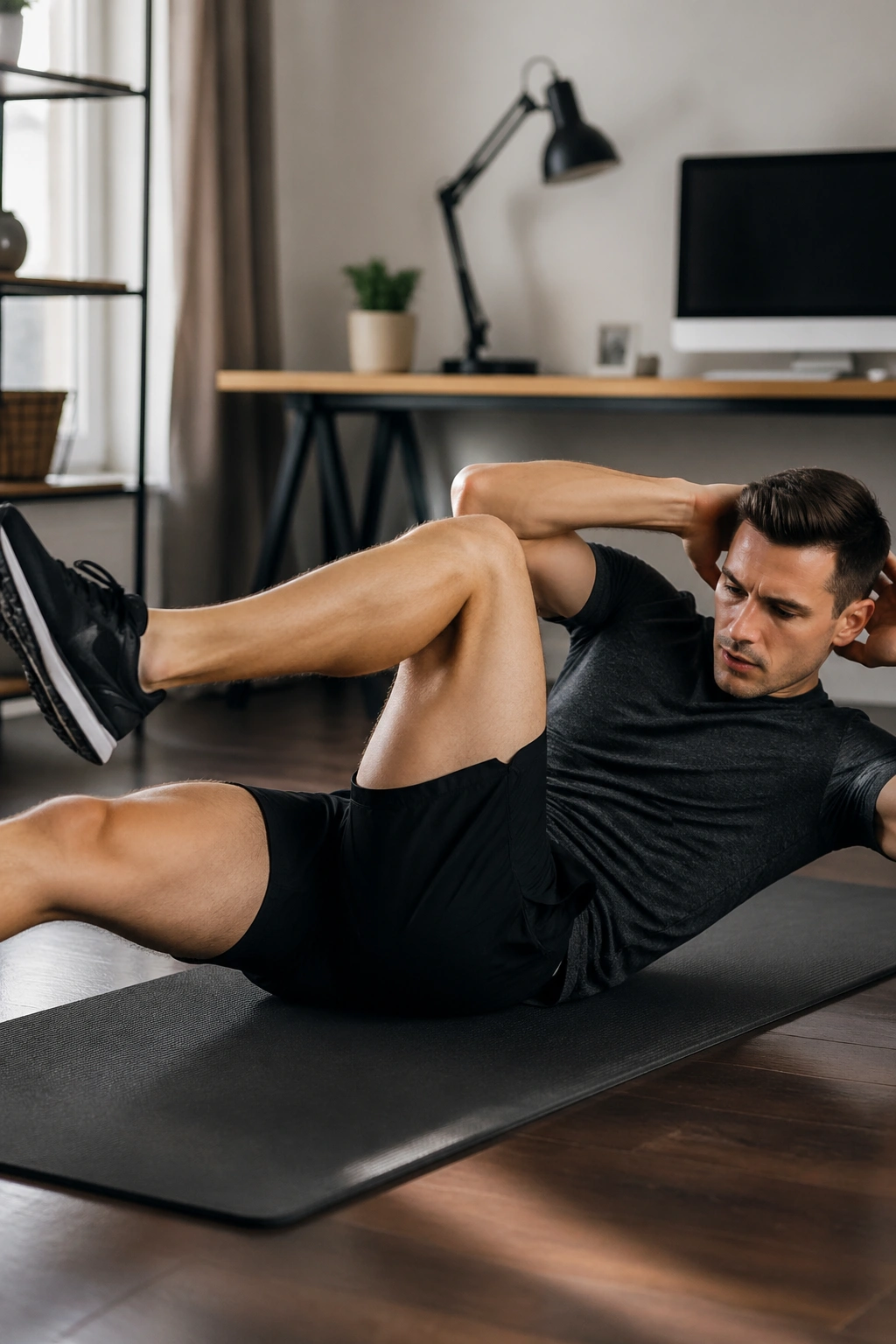 Person doing slow bicycle crunch on the floor in a study