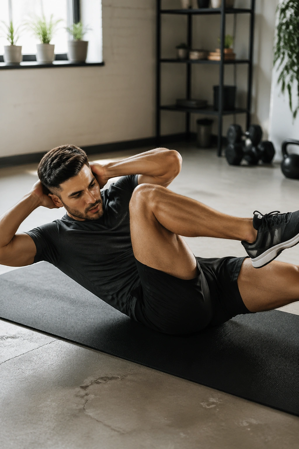 Real person performing bicycle crunch on a mat