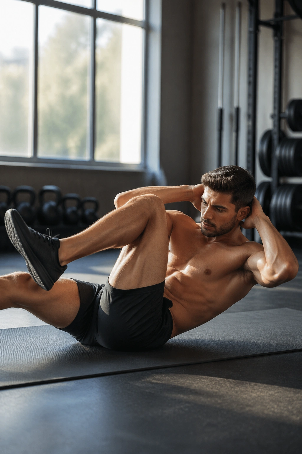 Medium close-up of a real person doing bicycle crunches on a mat