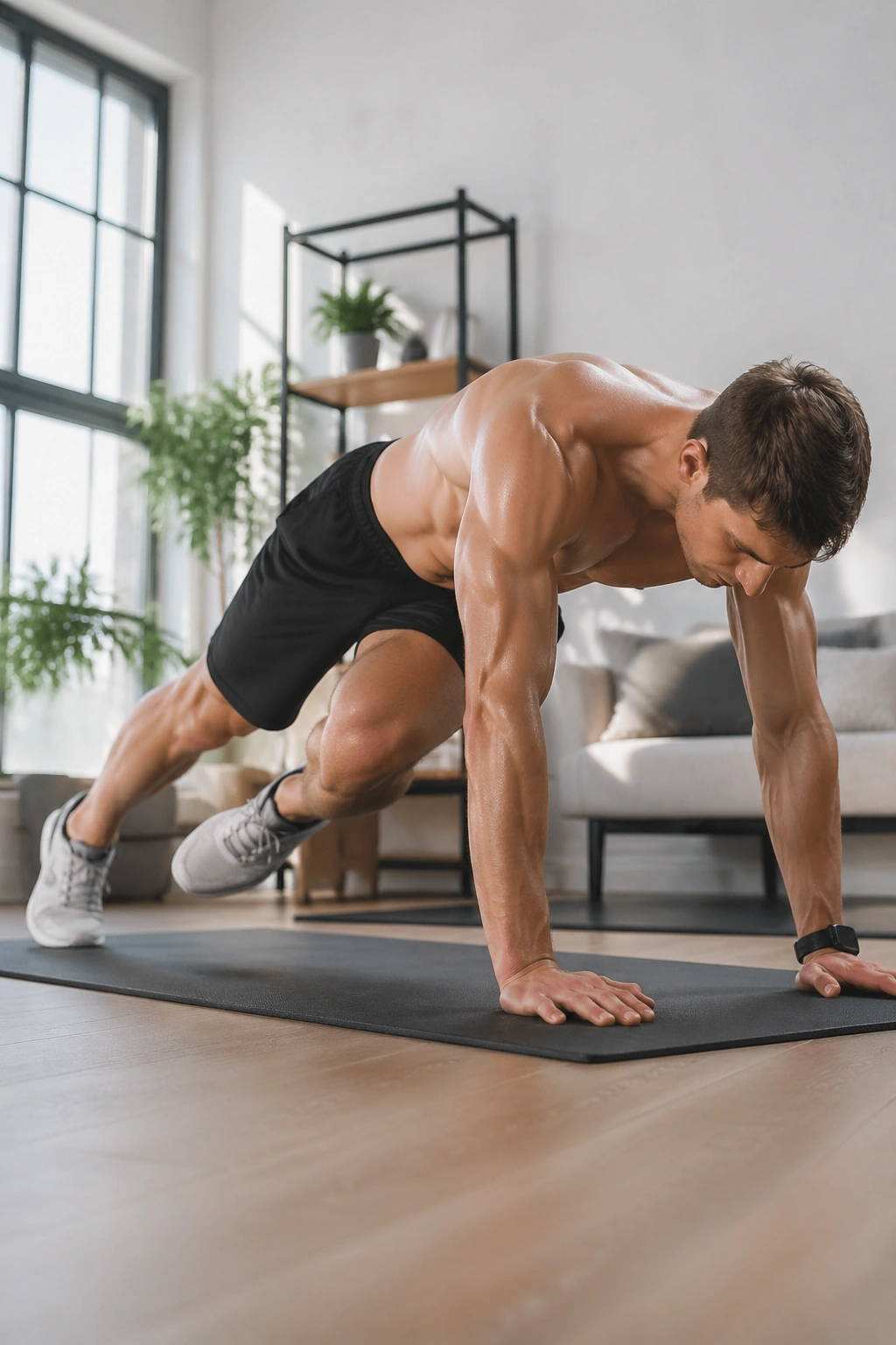 Real person performing bicycle knee tucks in a plank, twisting torso to bring knee toward opposite elbow.