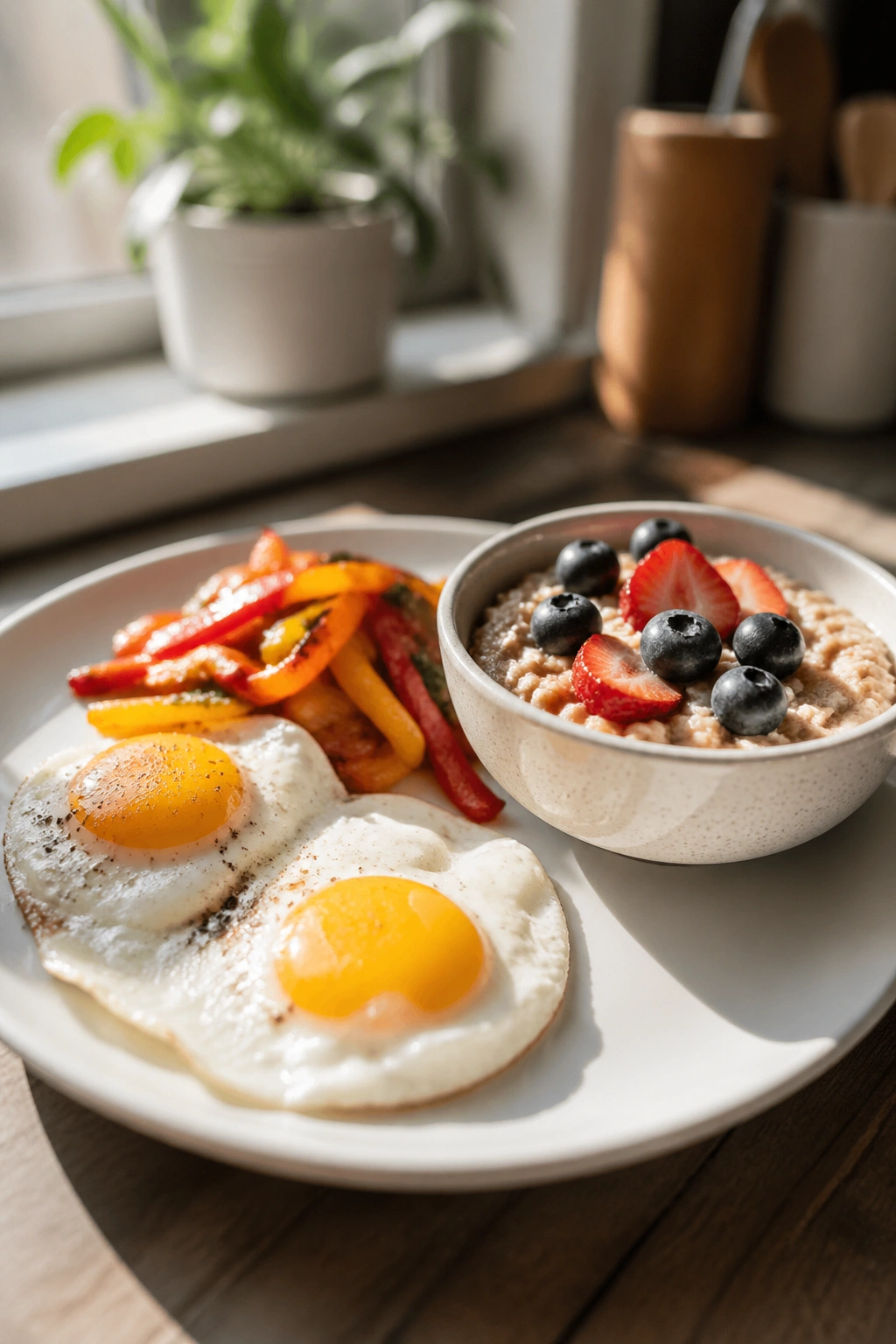 Hearty breakfast plate with eggs, peppers, and oats with berries