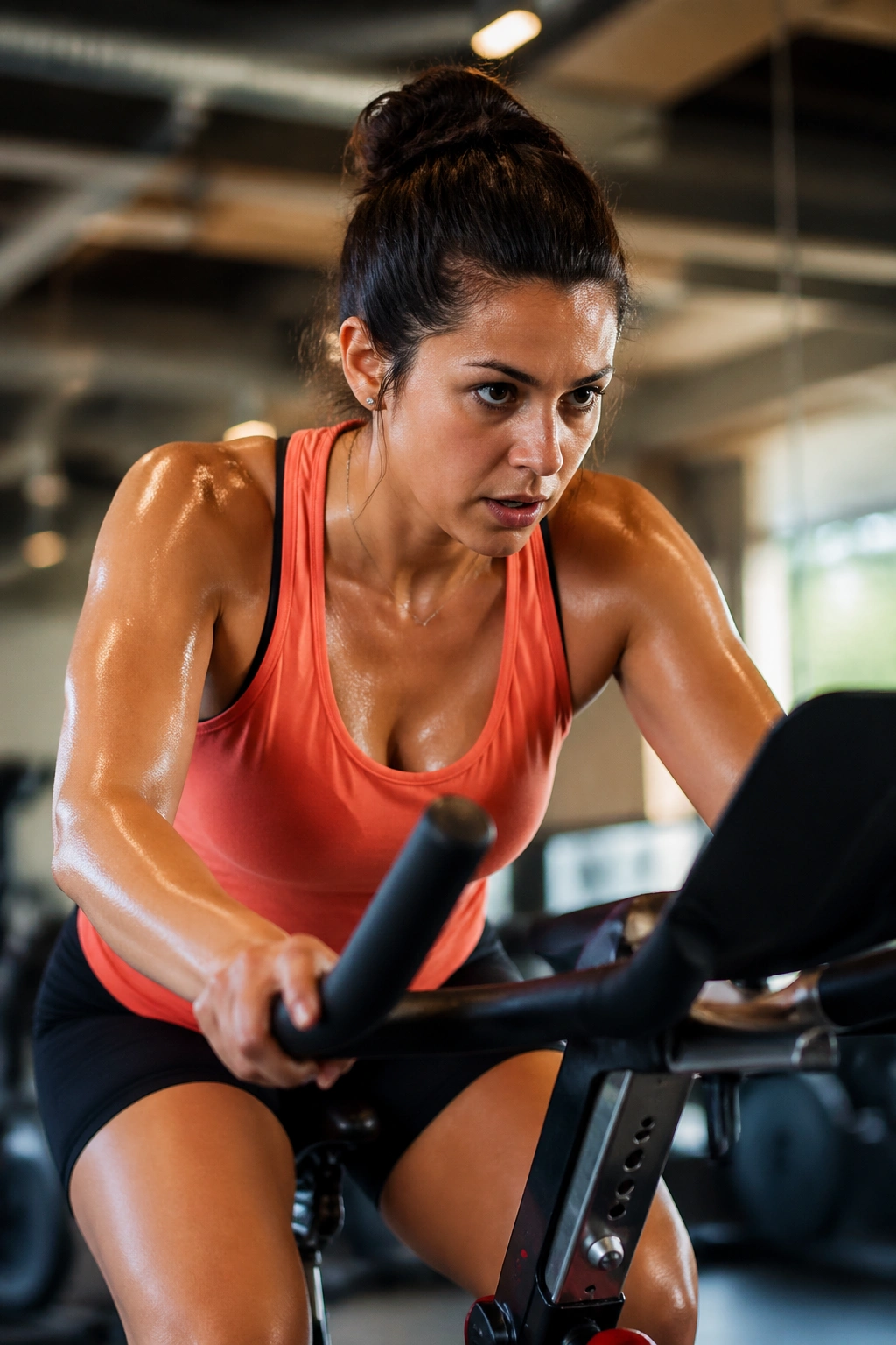 Medium close-up of a person on a stationary bike during an interval workout in a gym.