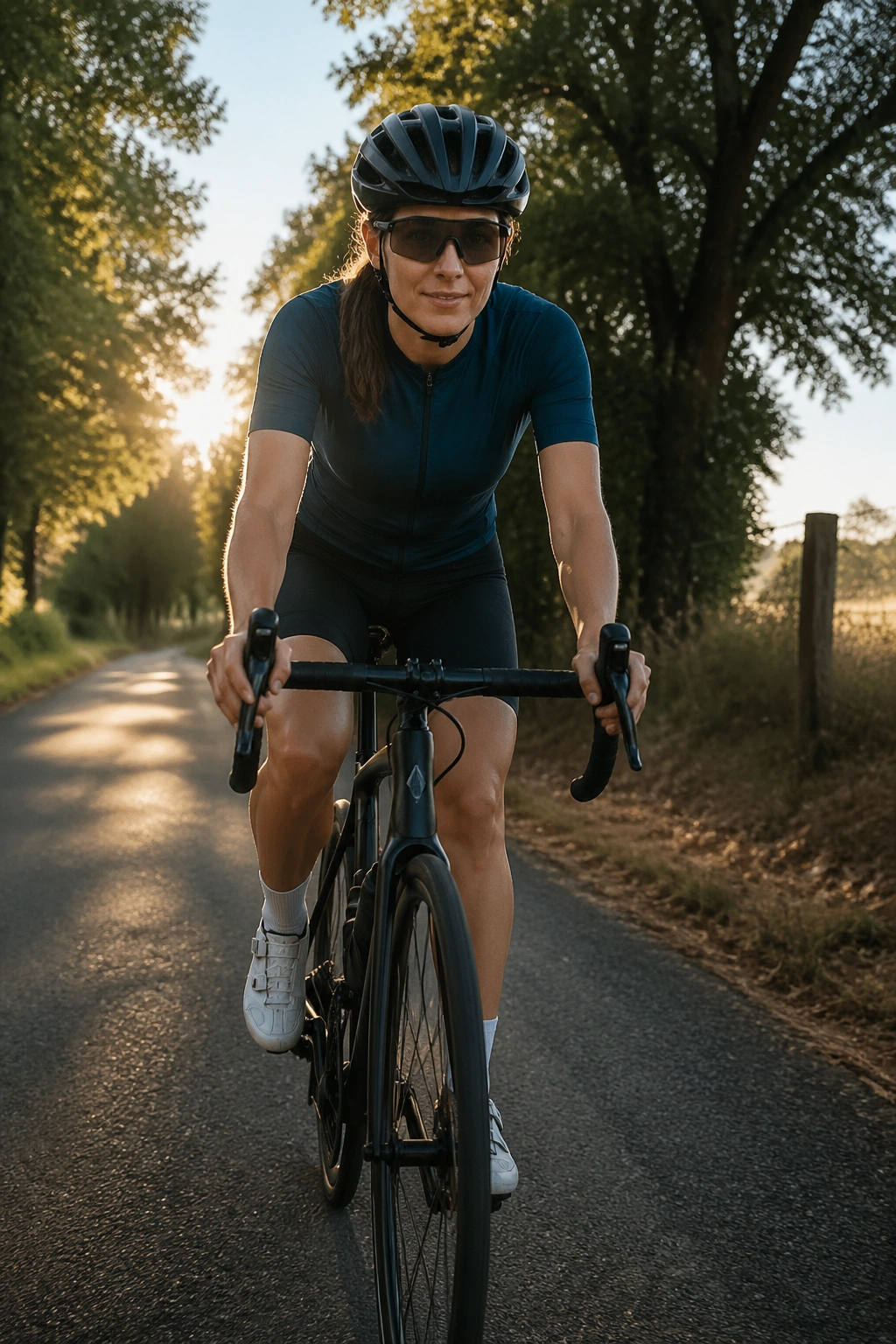Cyclist riding at sunrise on a shaded trail in soft dawn light