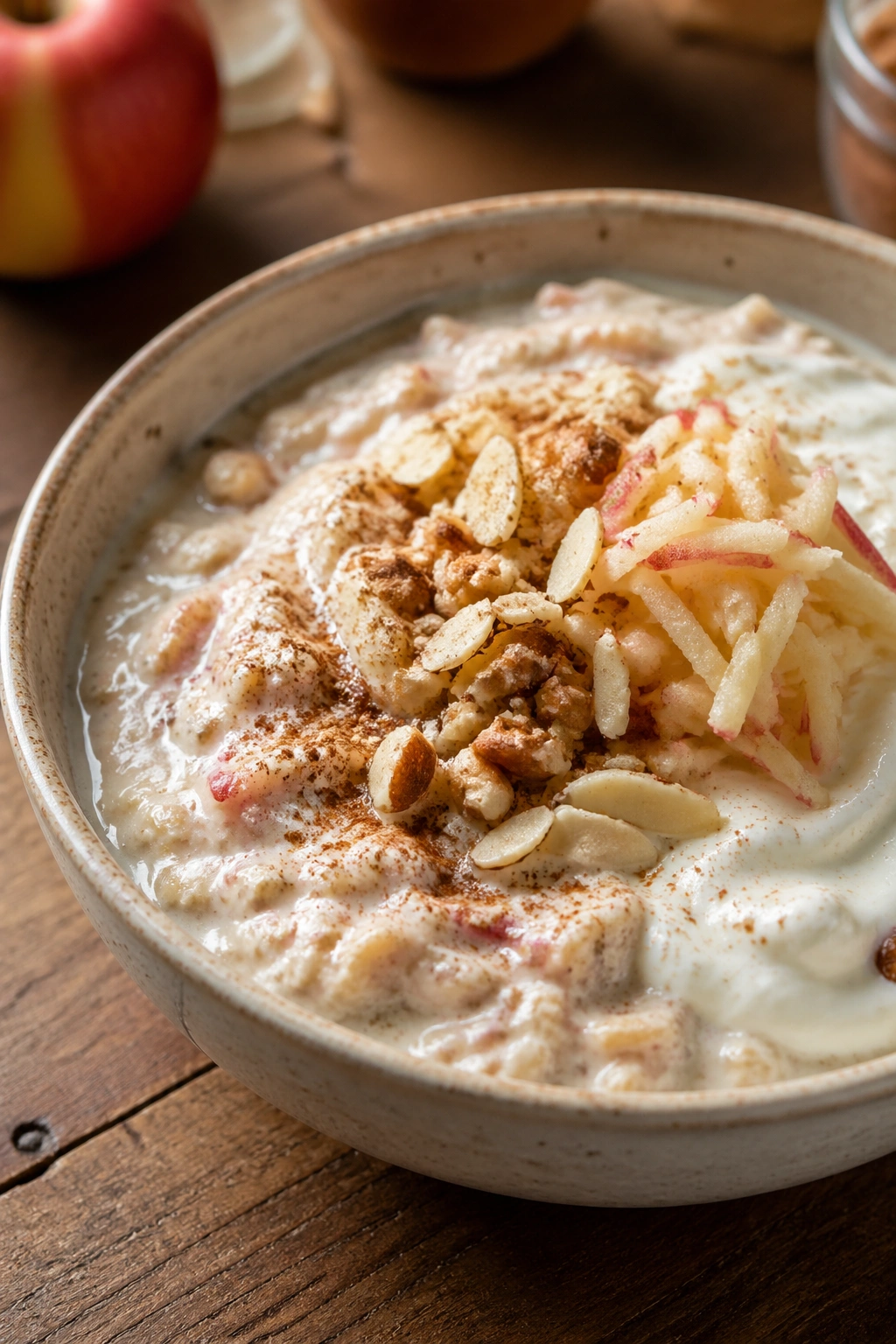 Close-up of Bircher muesli with grated apple in a rustic bowl on a wooden counter
