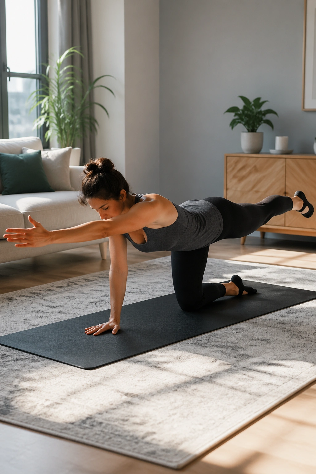 Real person in bird dog pose extending arm and leg with a neutral spine