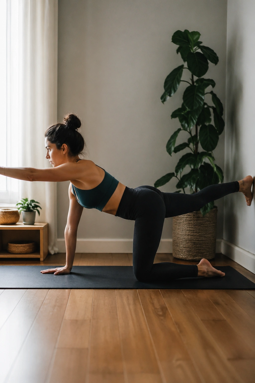 Bird dog with back-leg press showing core stability and glute engagement.